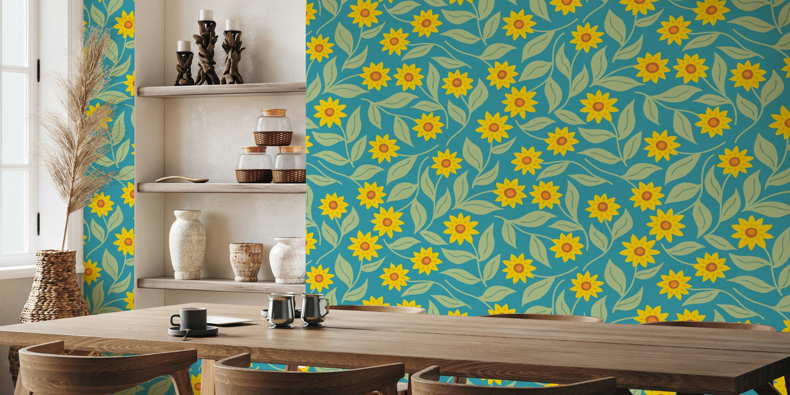 Yellow sunflowers with green leaves on turquoise background wallpaper