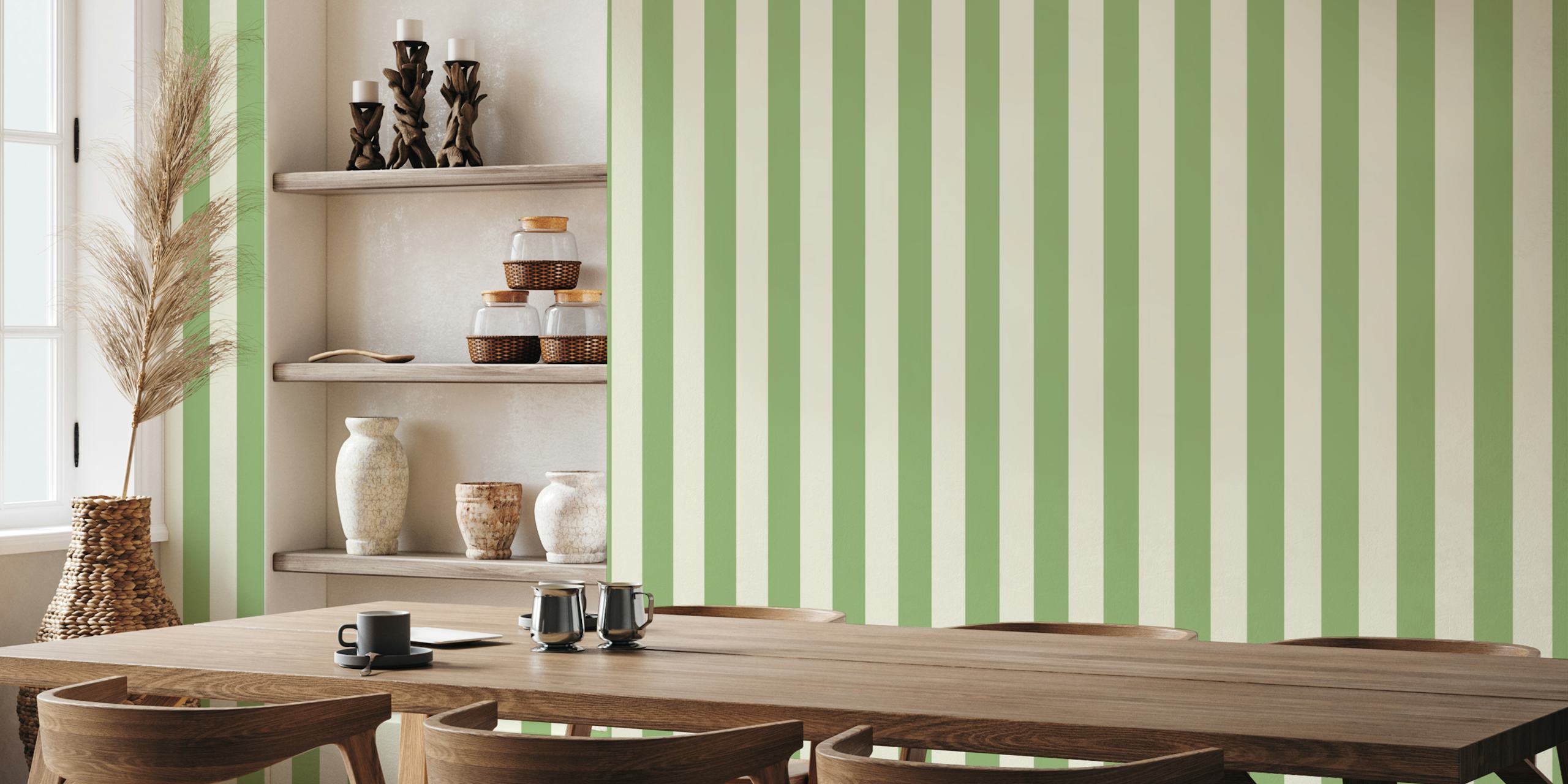 Vertical stripes in sage green and cream wallpaper