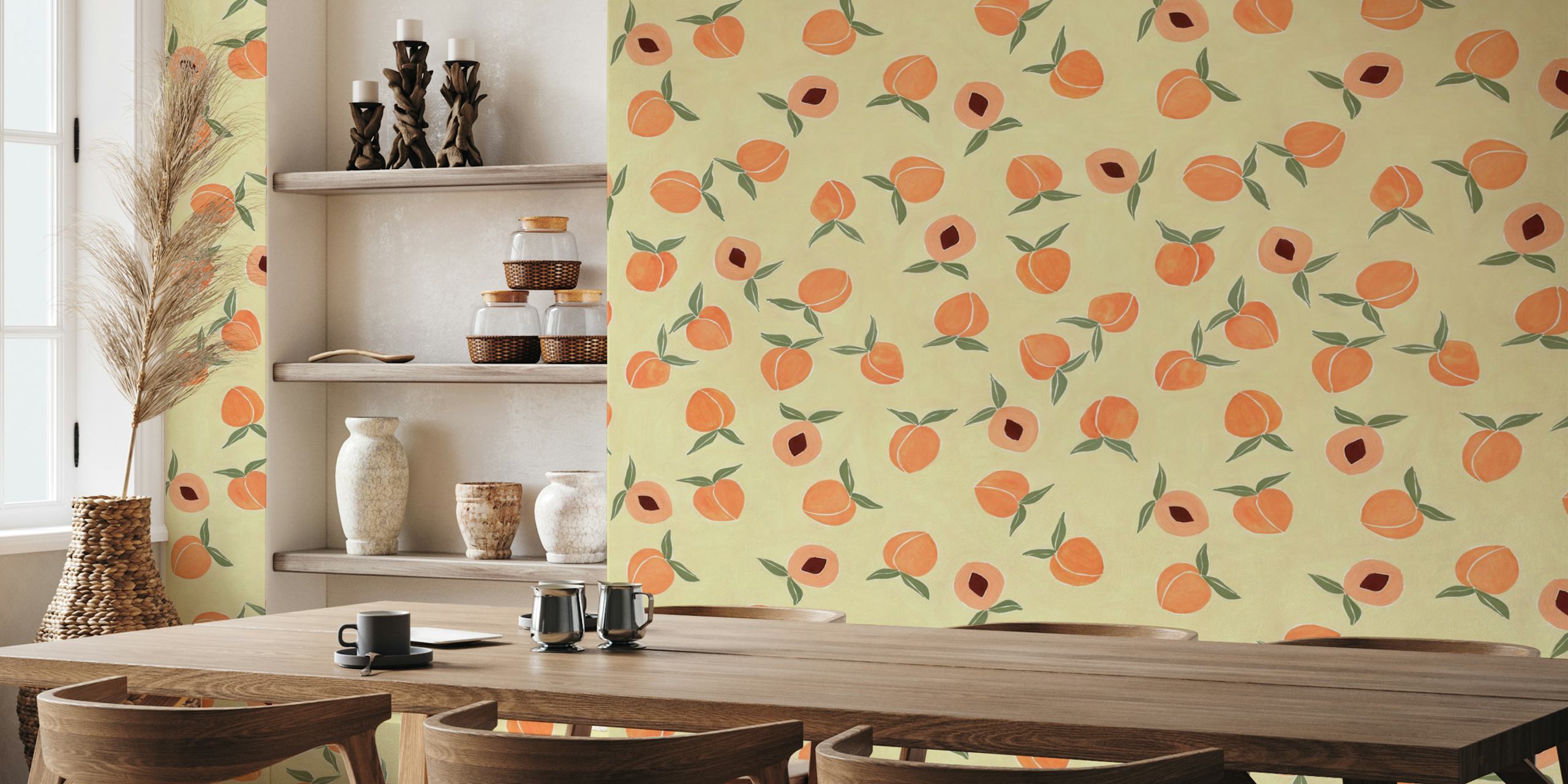 Hand-painted peaches on yellow background wallpaper