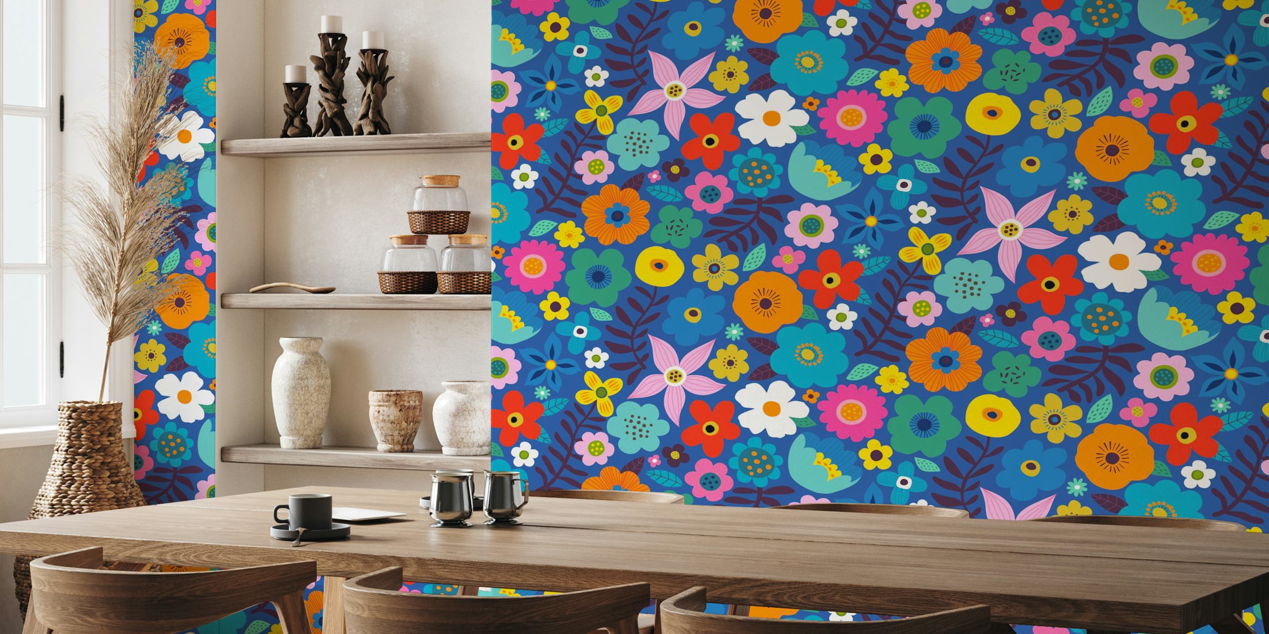 Design de papel de parede floral em um quarto colorido