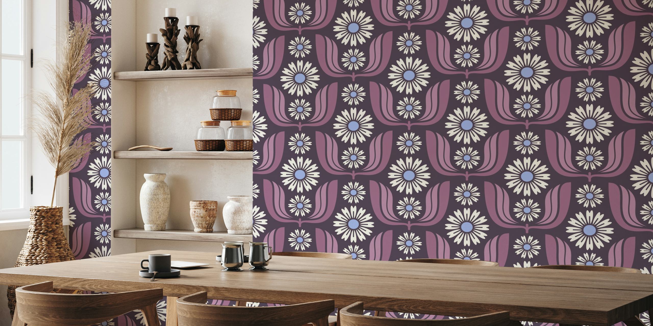 Daisy Bloom Harmony in Purple wallpaper in a room