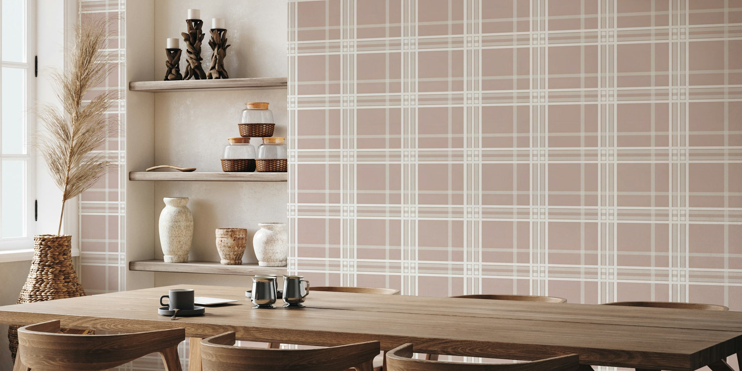 Tartan pattern wallpaper in soft pink and white colors.