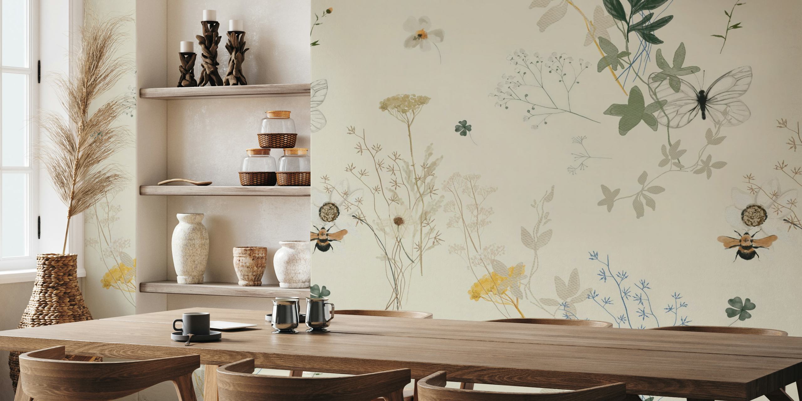 Delicate floral and butterfly pattern in muted tones wallpaper
