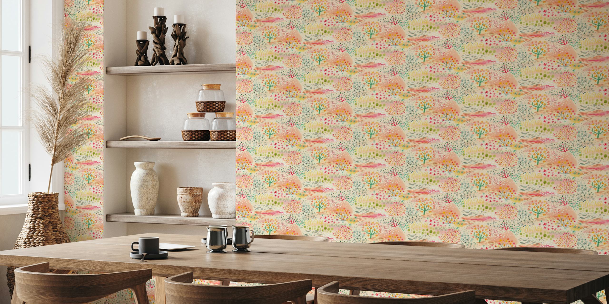 Colorful watercolor floral patterns including plants and abstract shapes wallpaper