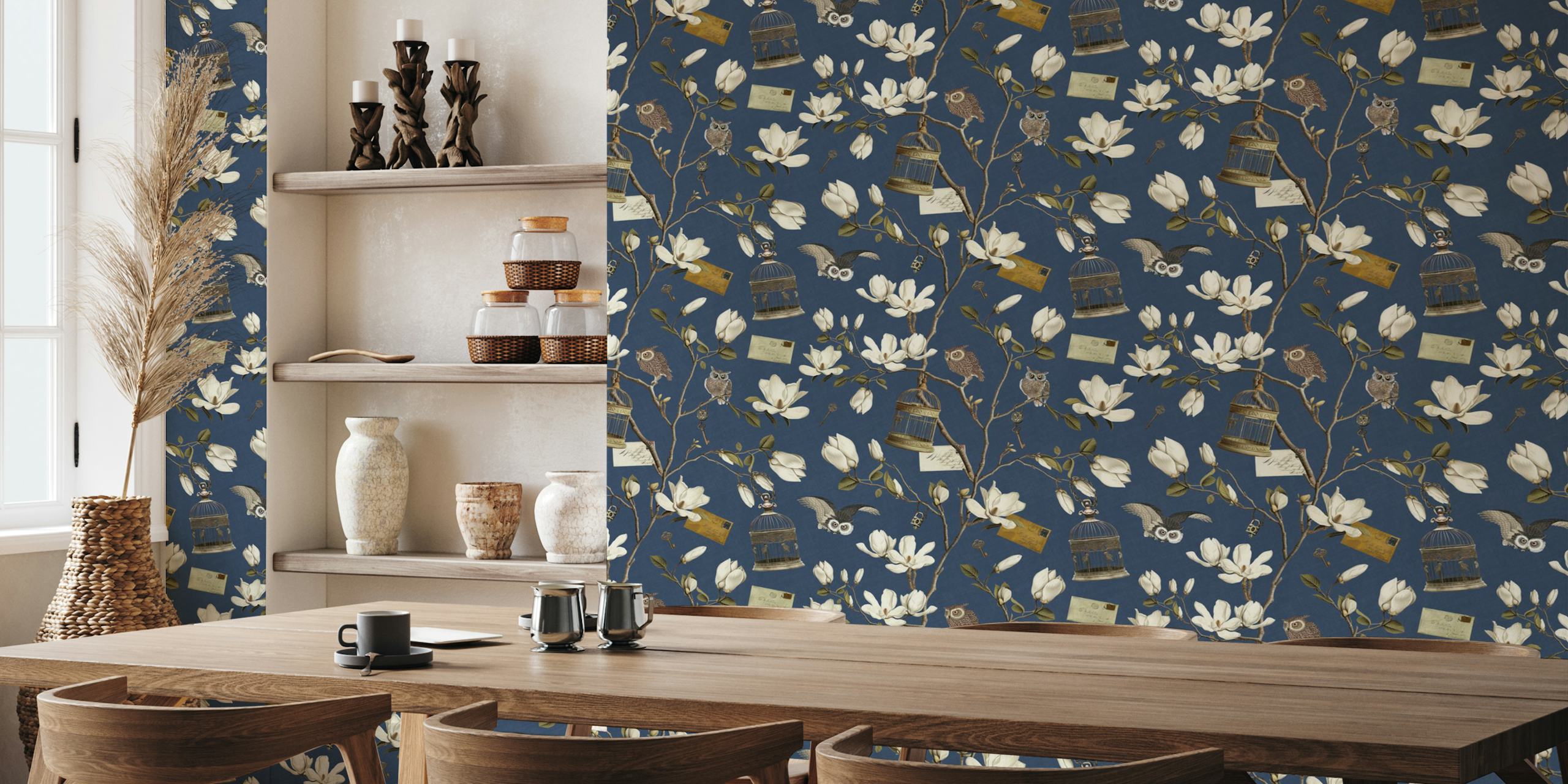 Magnolia Grove with Owls in Denim Blue carta da parati