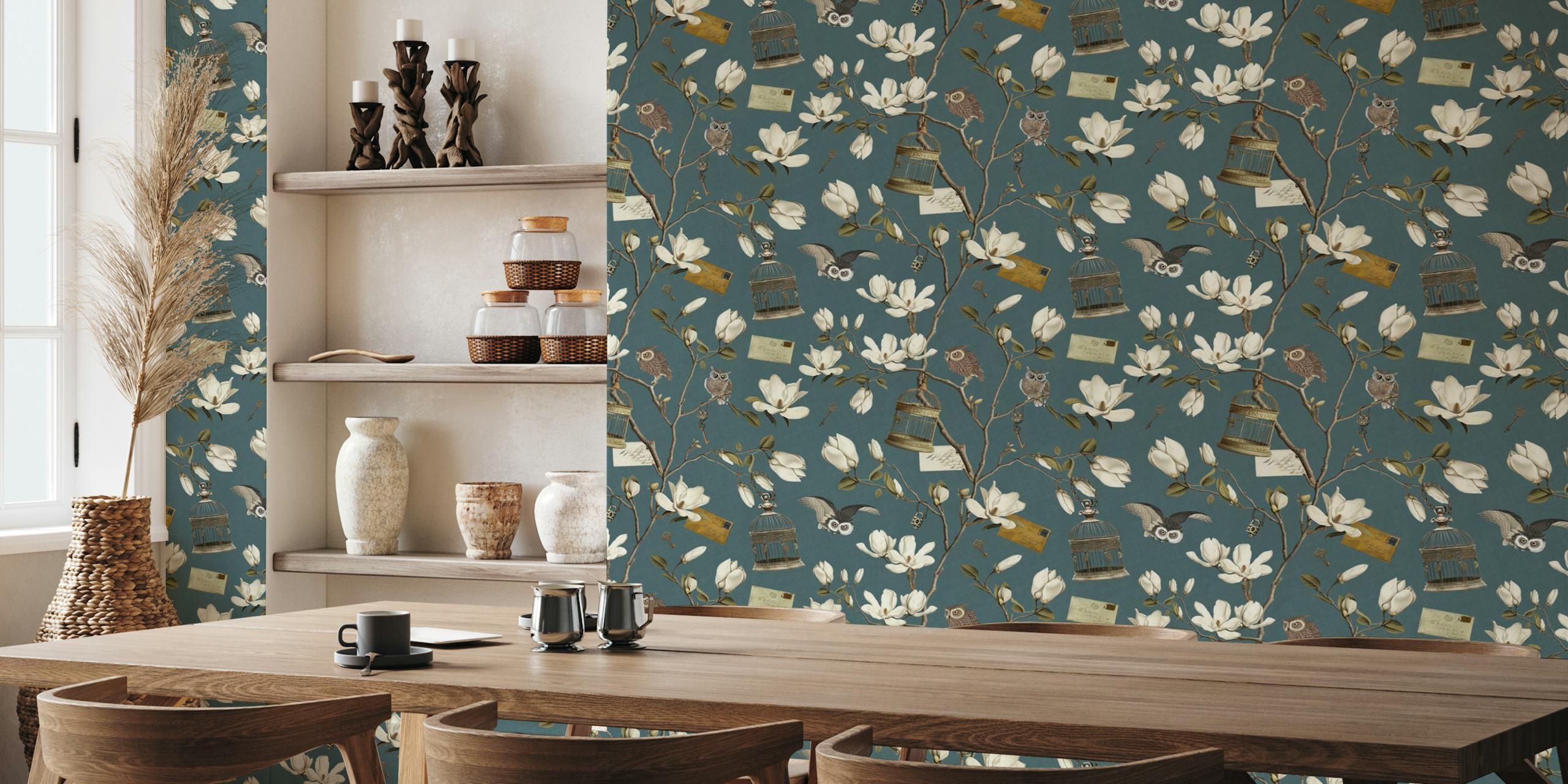 Magnolia Grove with Owls in Teal Blue tapet
