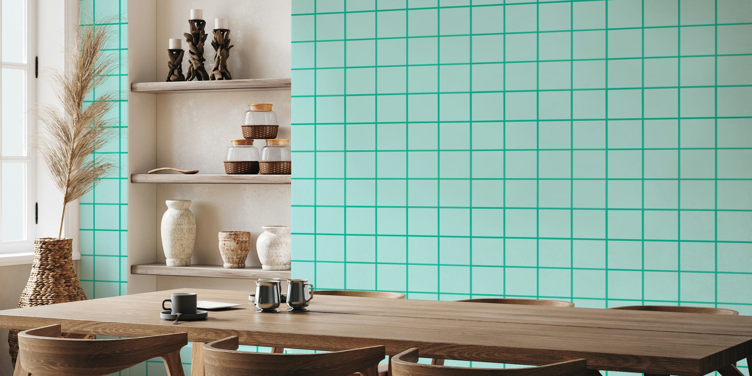 Mint geometric grouted tile pattern wallpaper