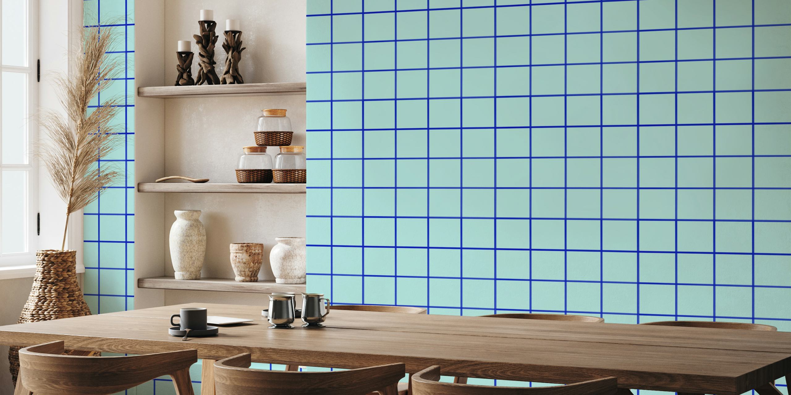 Light mint blue grouted tiles wallpaper in a room