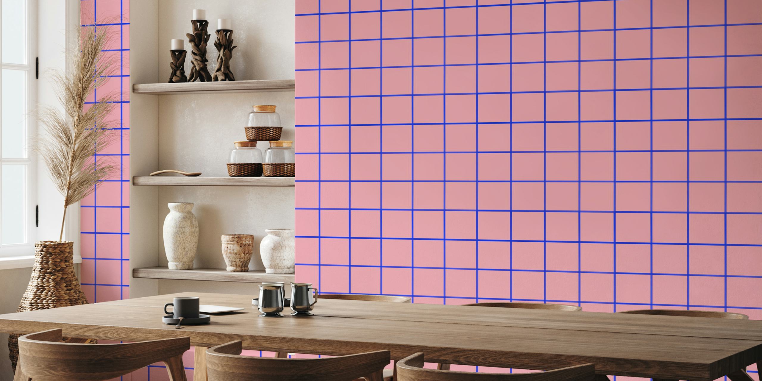 Pink blue grouted tiles wallpaper in a room