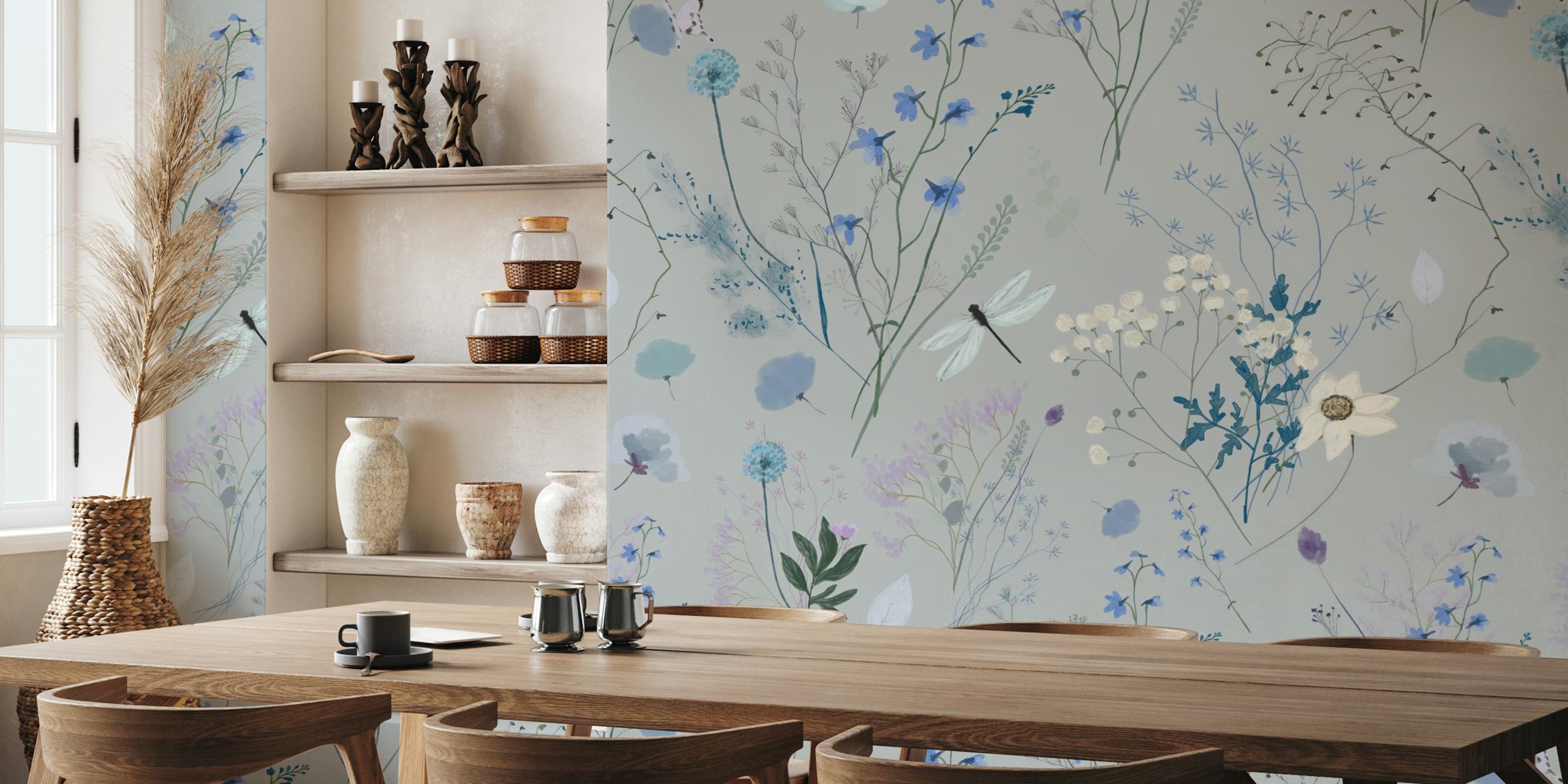 Dragonfly over blue blooms wallpaper in a room