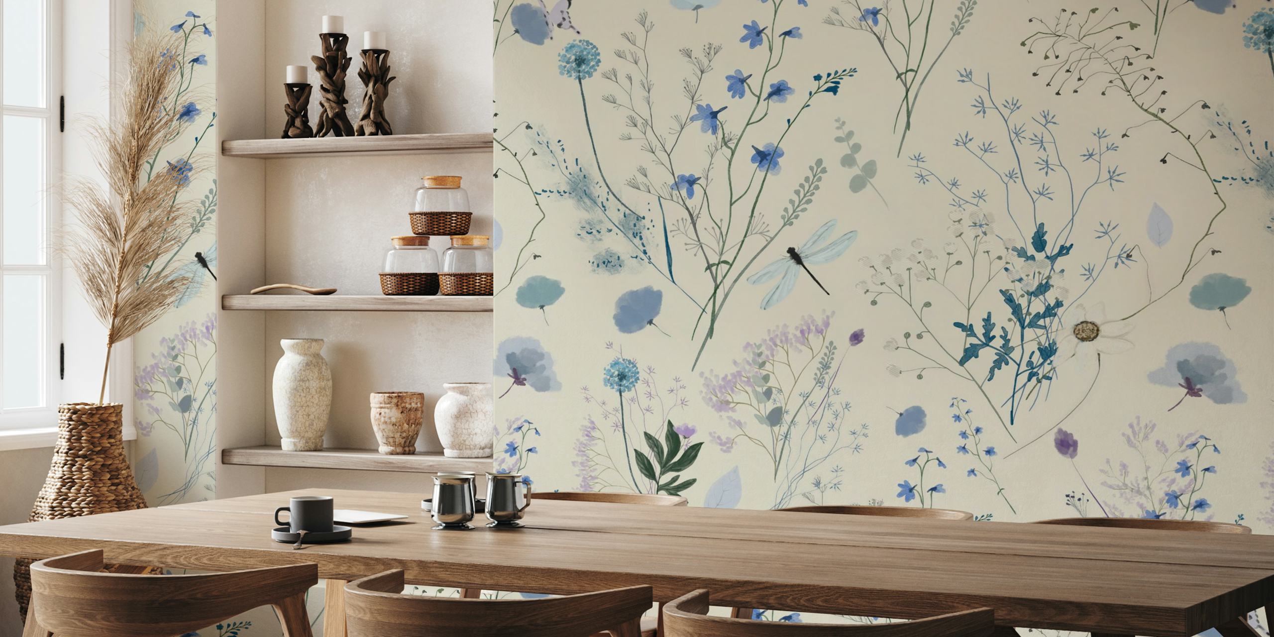 Blue wildflowers and dragonfly illustration on cream wallpaper