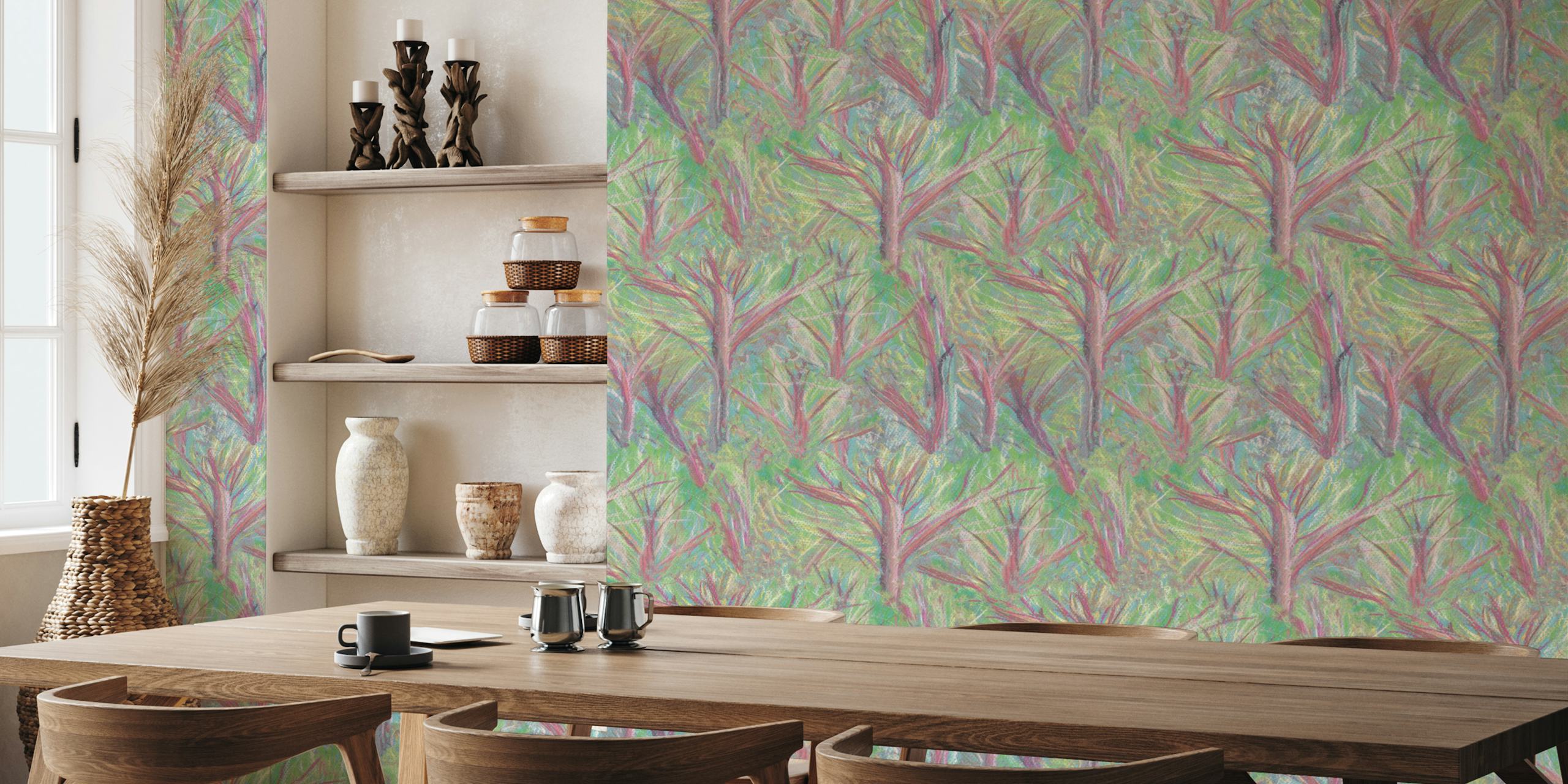 Abstract foliage pattern with green background and colorful tree designs wallpaper