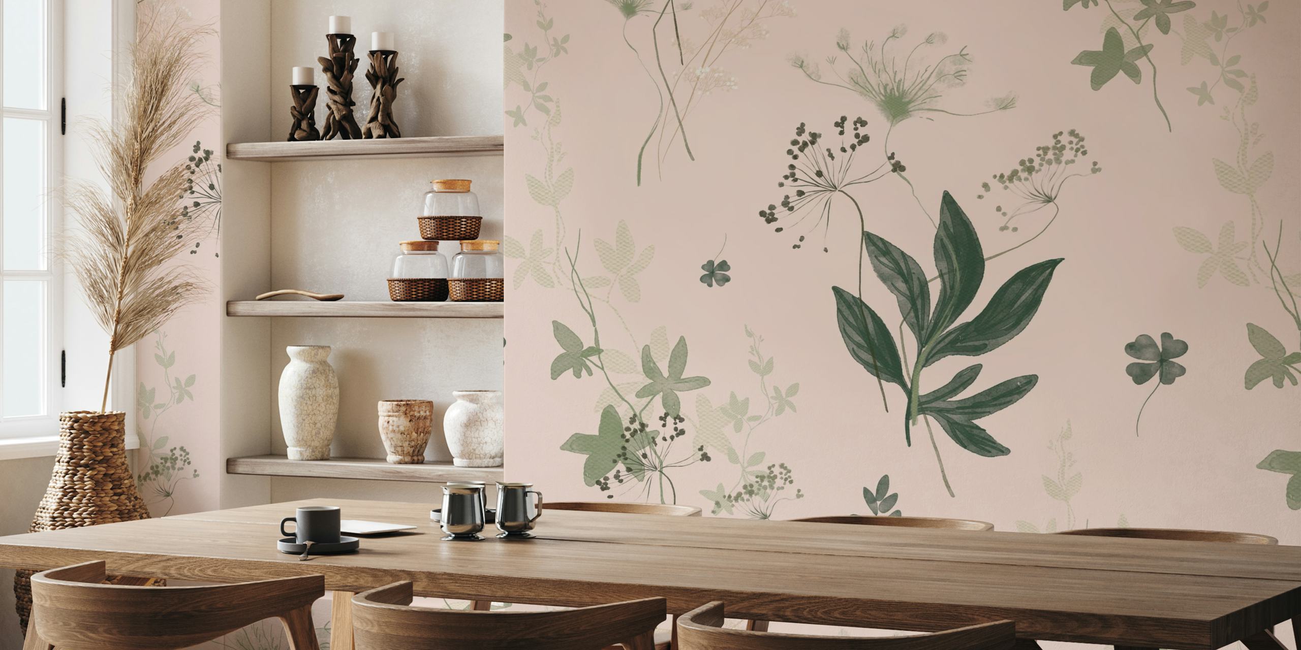 Botanical foliage on a light pink background with green leaves and floral patterns wallpaper