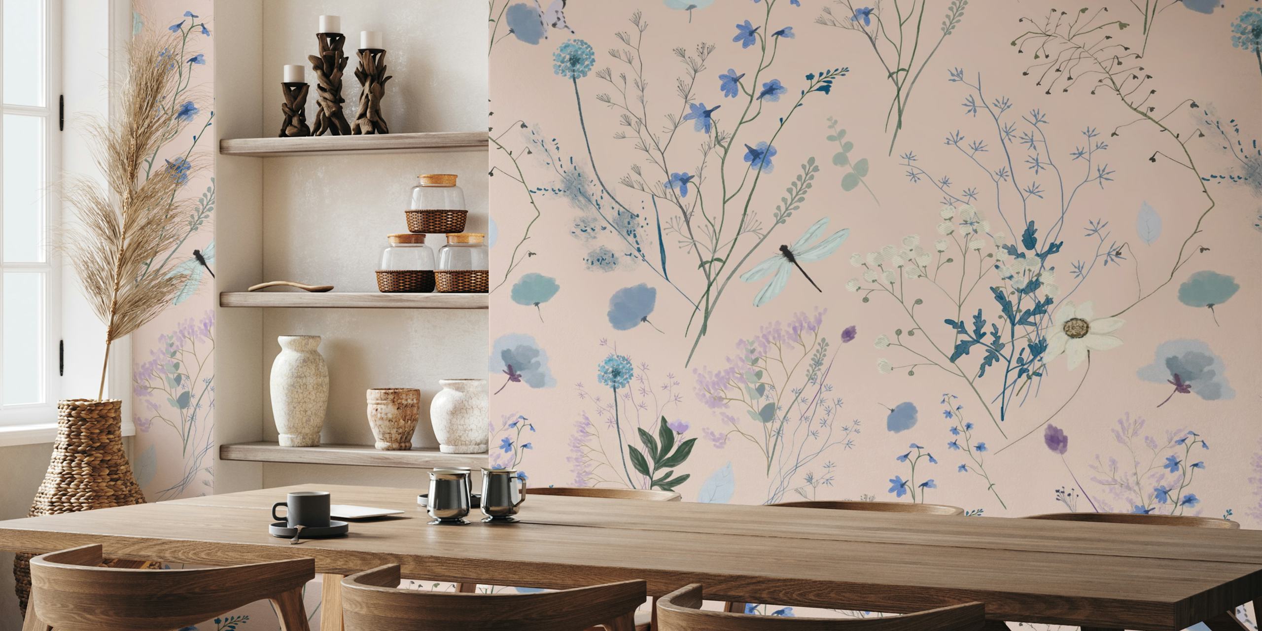 Lavender floral pattern on pale pink background wallpaper