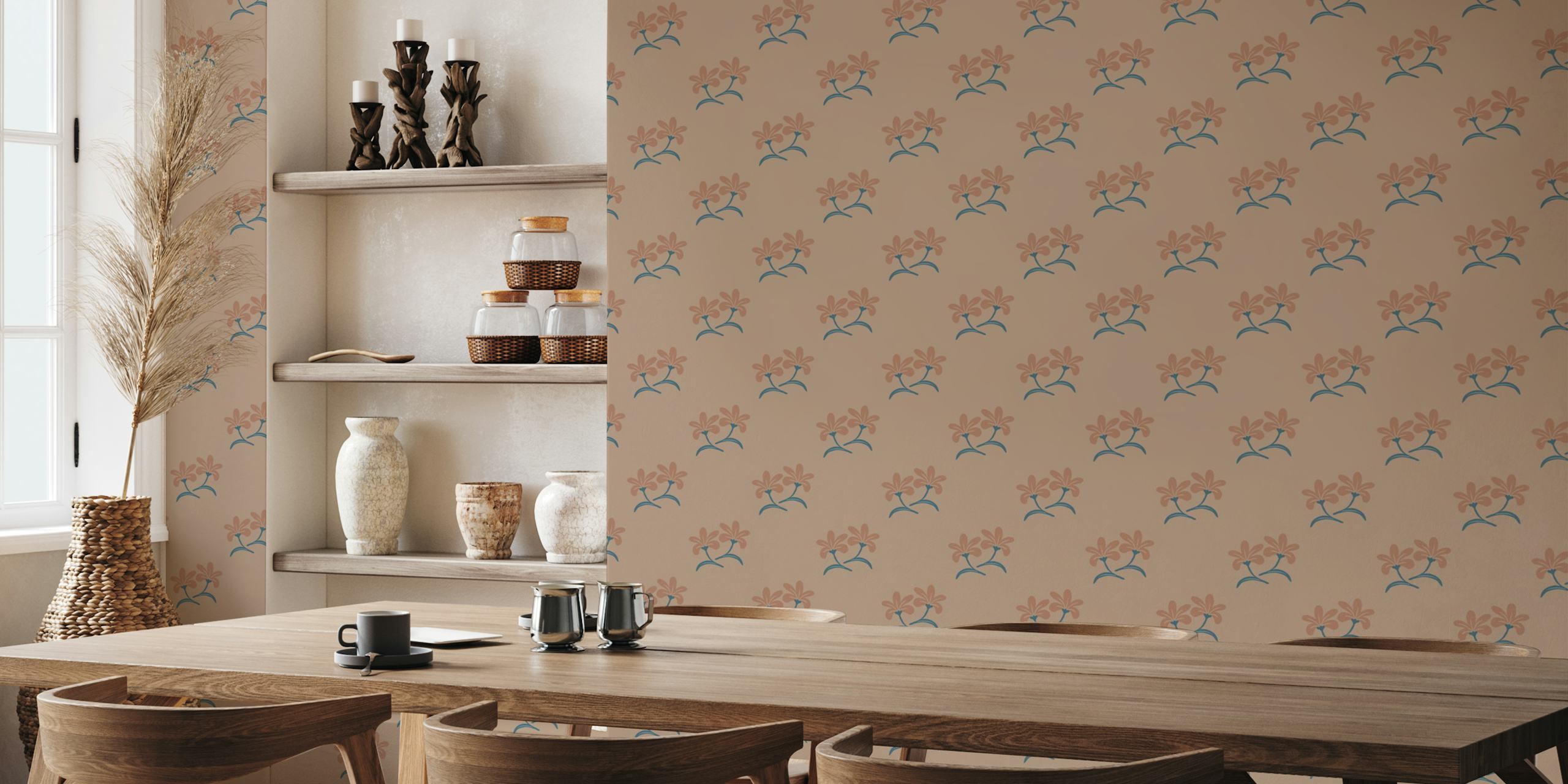 Peach floral design with blue stems wallpaper