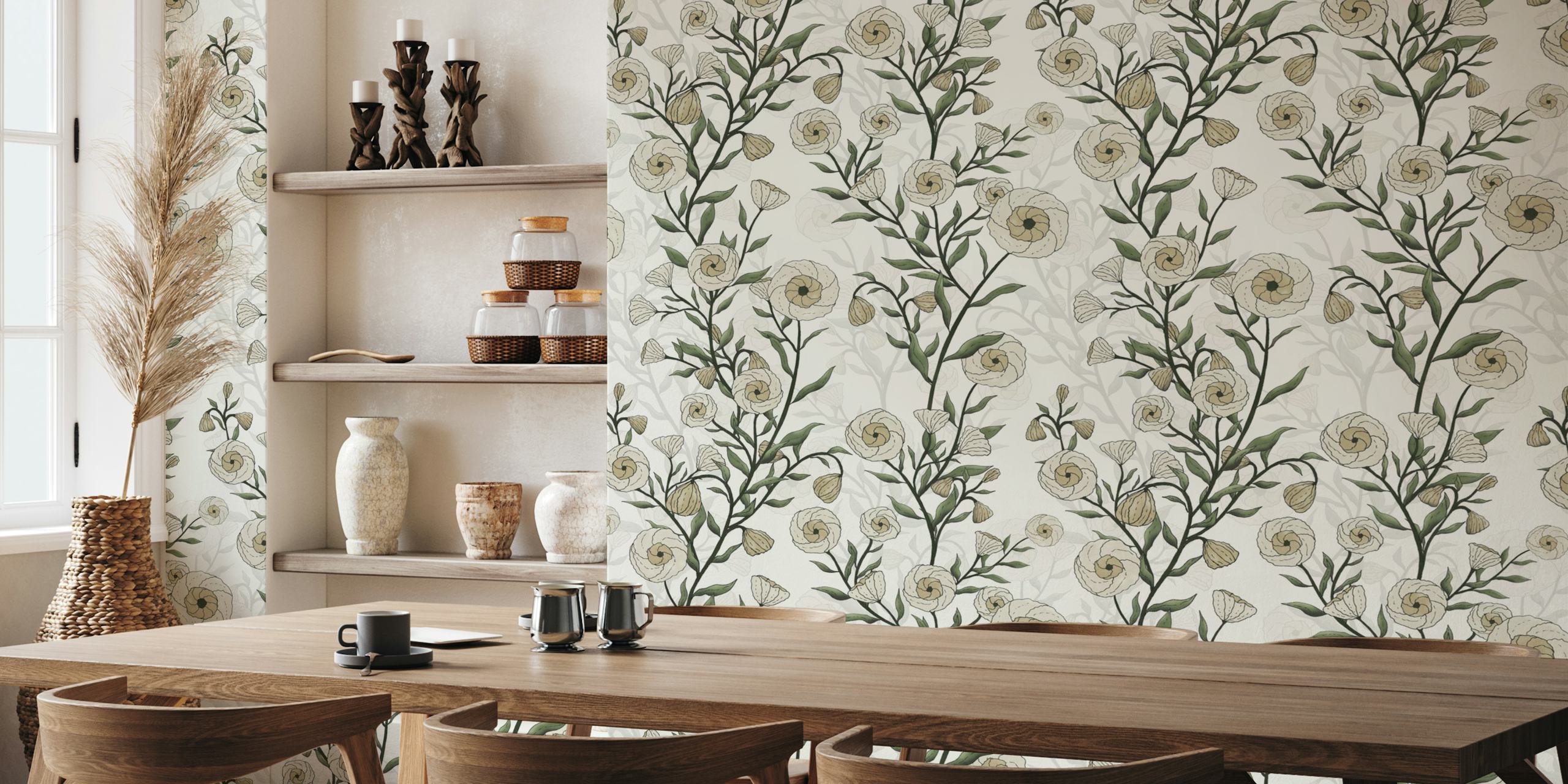 Floral design with spiraled white flowers and green leaves wallpaper