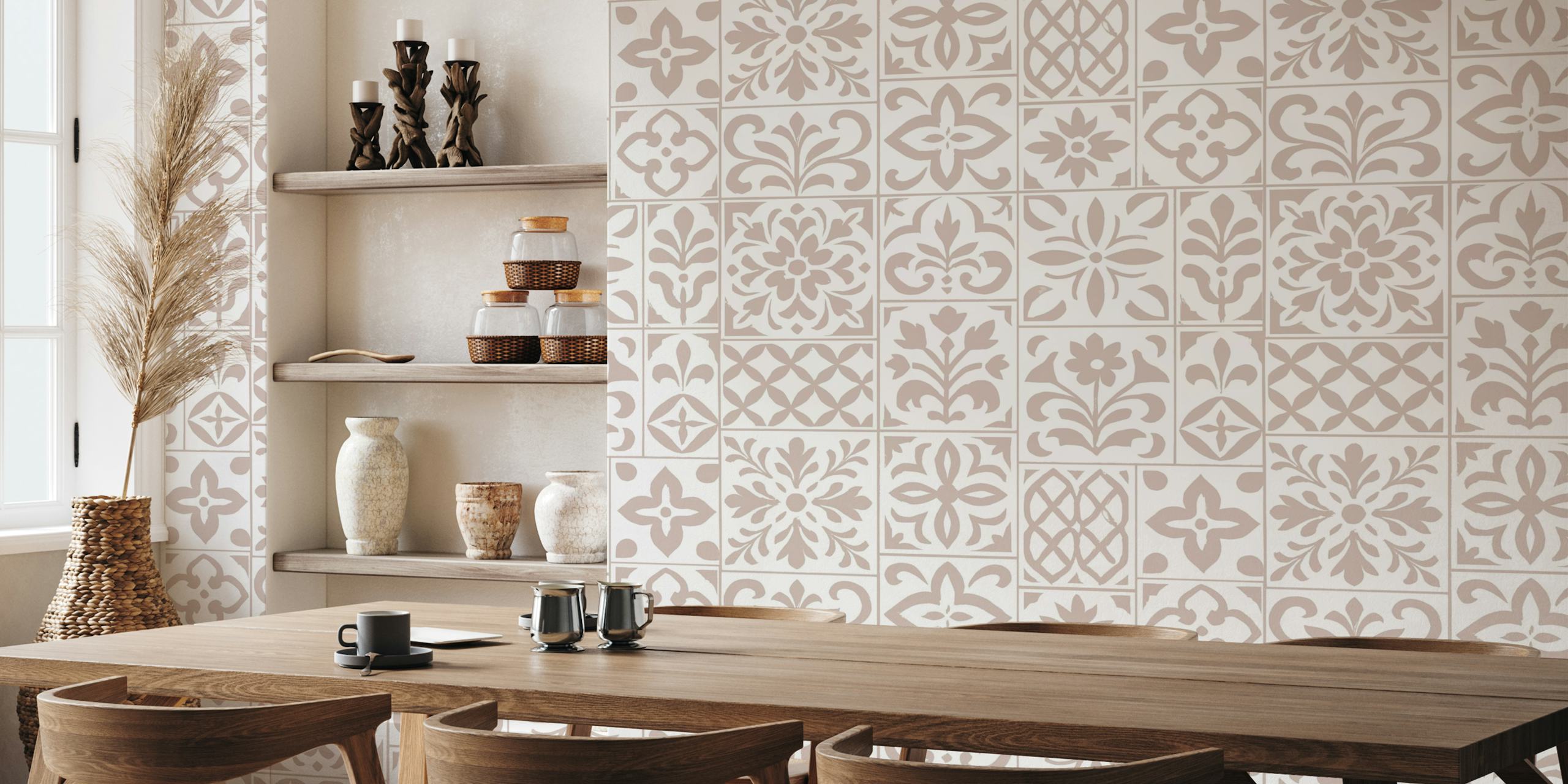 Design de papel de parede Faux Tile Blossom on White em um quarto