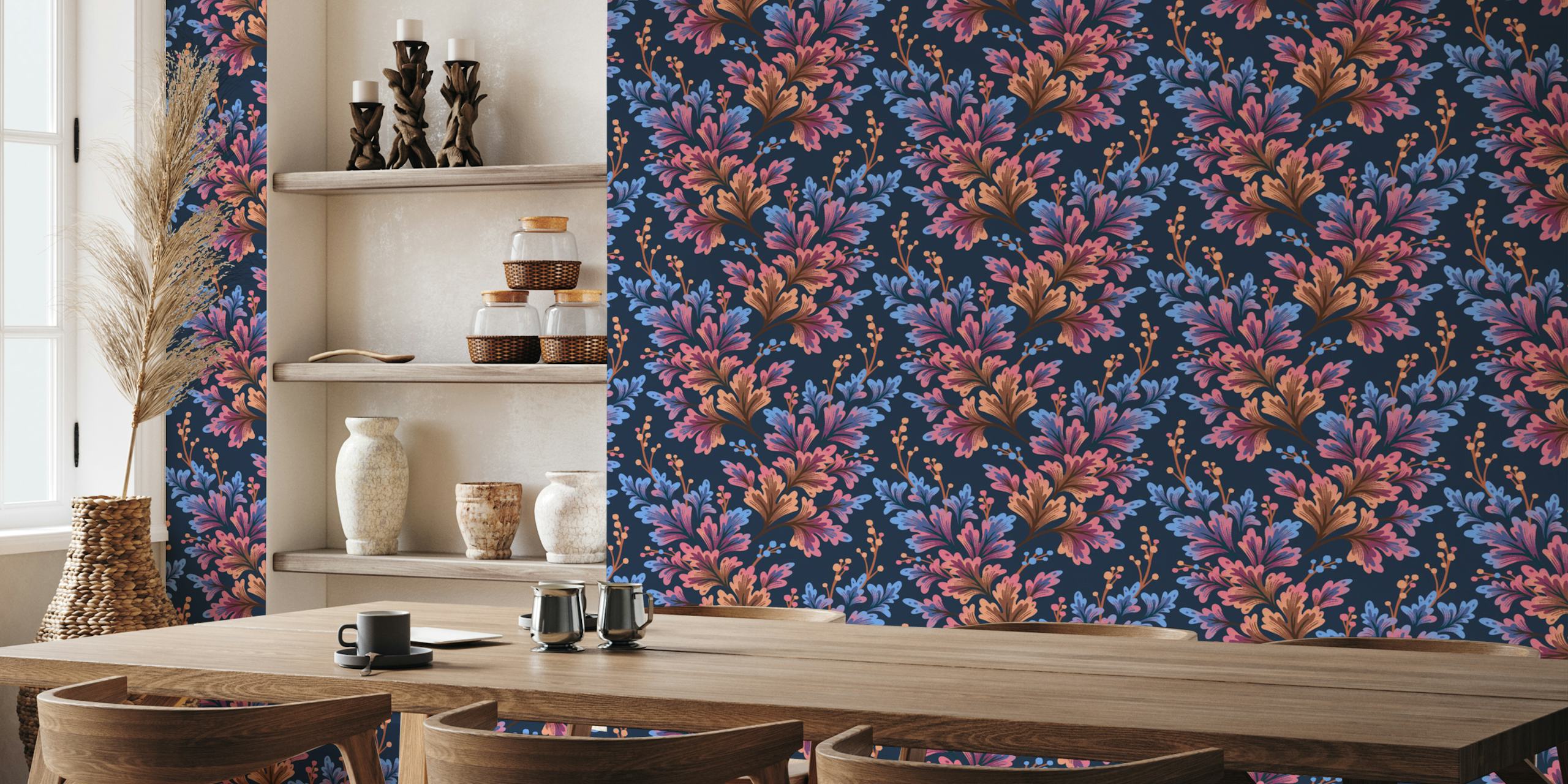 Frilled Foliage Navy Blush wallpaper in a room