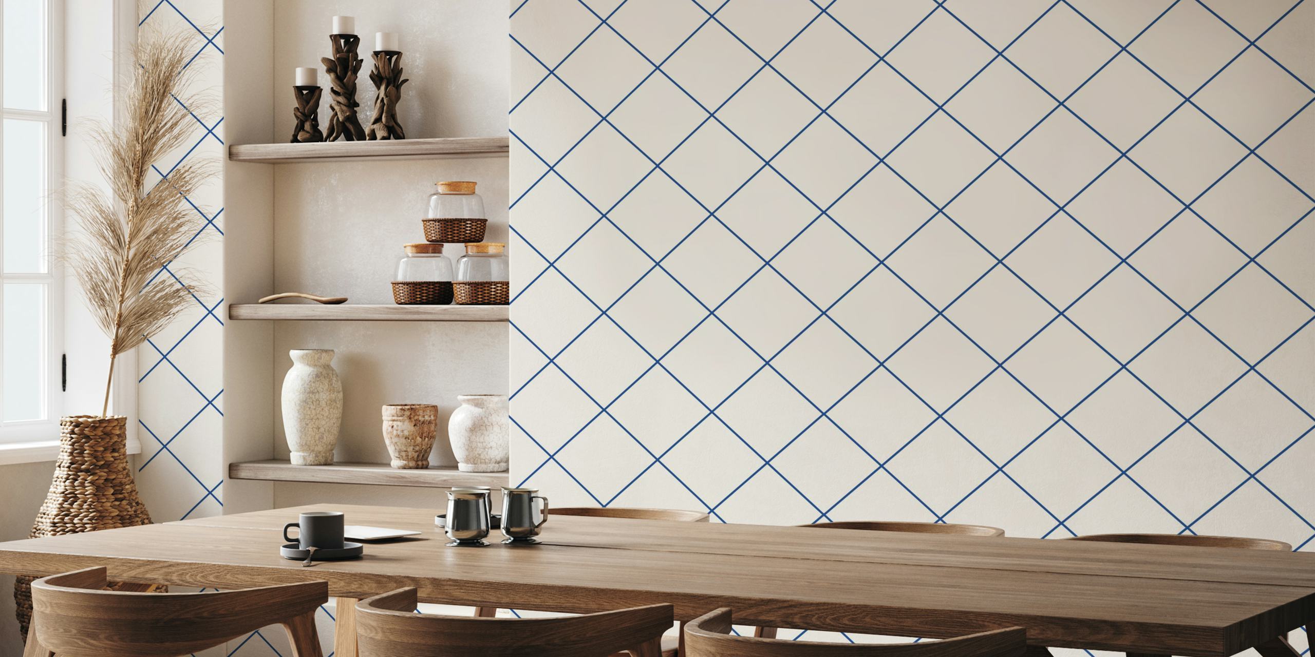 Faux tile grid pattern in blue and beige wallpaper