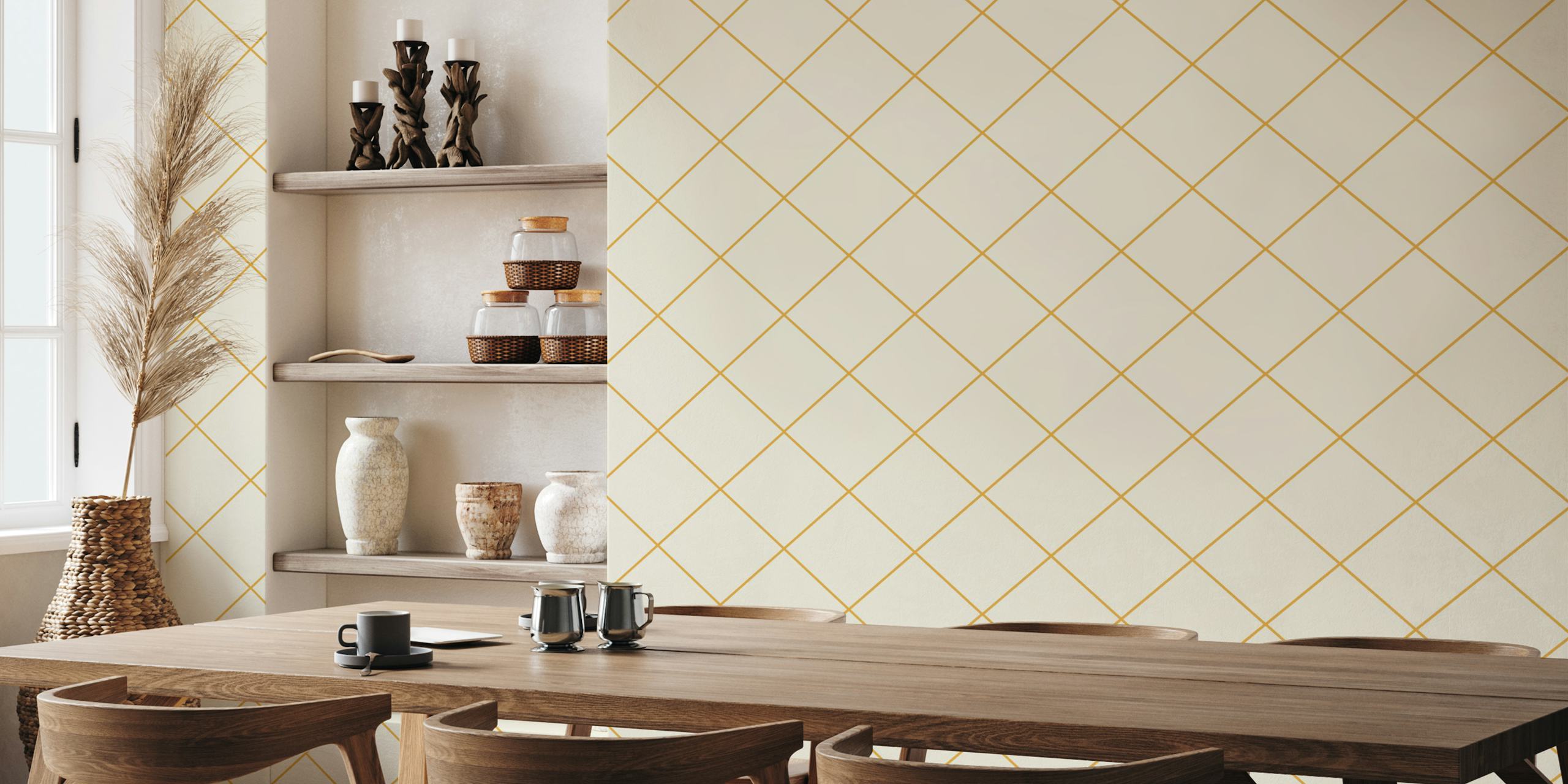 Faux Tile Grid Yellow Beige wallpaper in a room