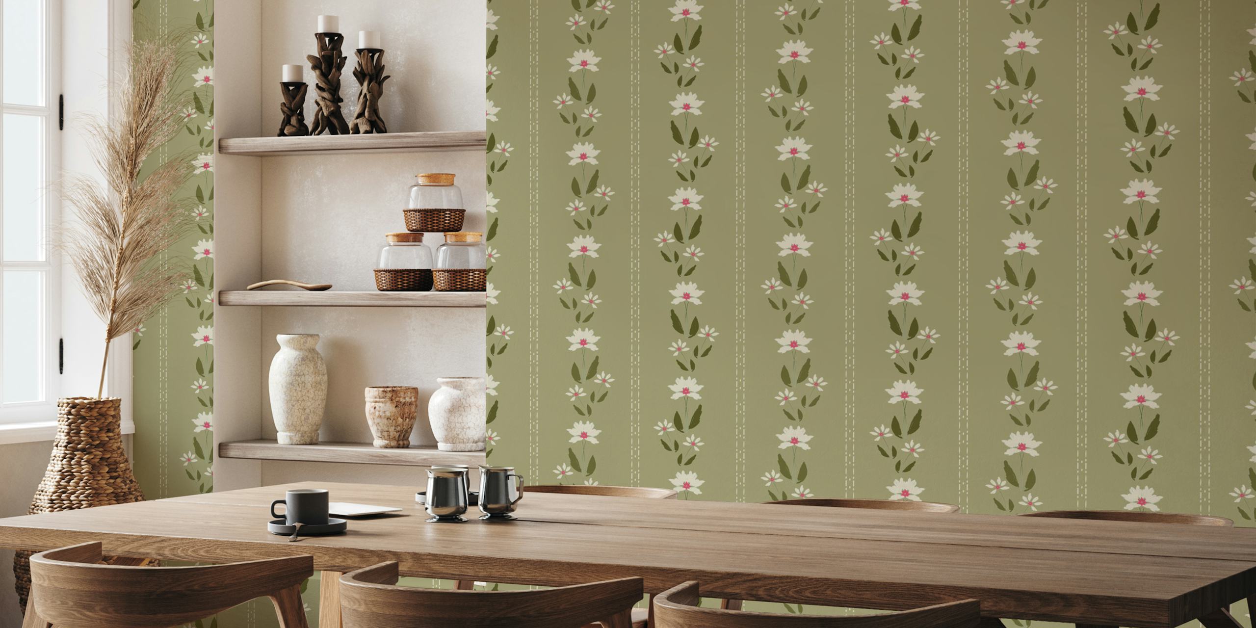 Folk Floral Classic Stripe Dusty Green ταπετσαρία σε ένα δωμάτιο