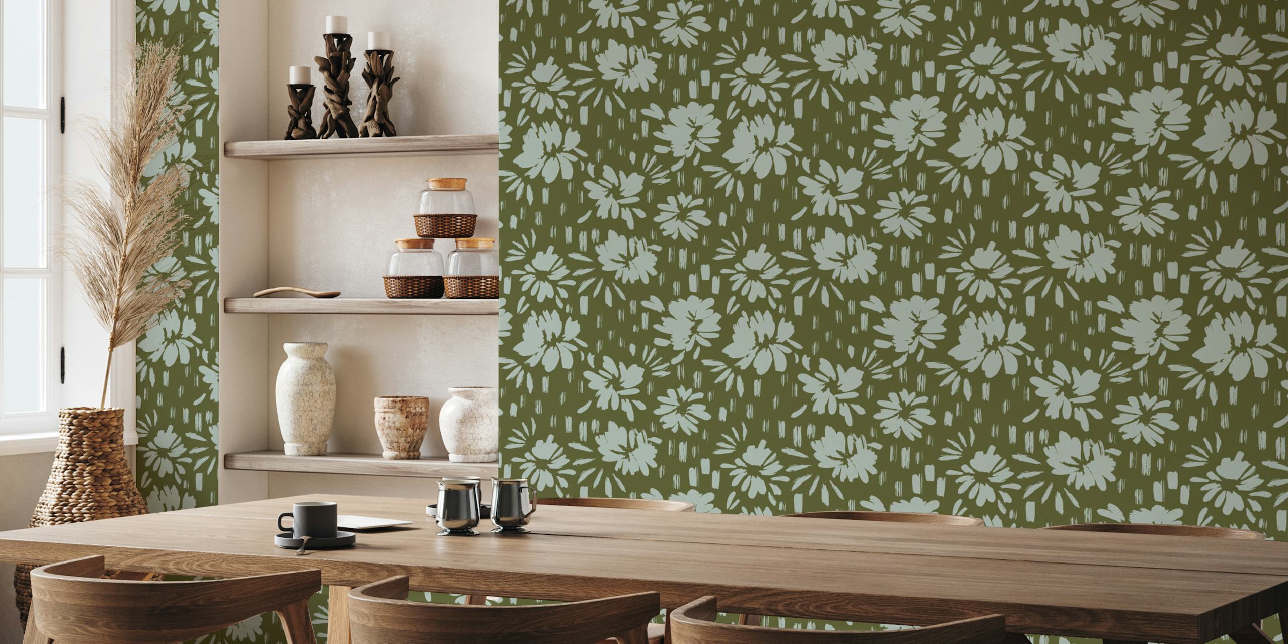 Green floral brush strokes wallpaper with light blue flowers