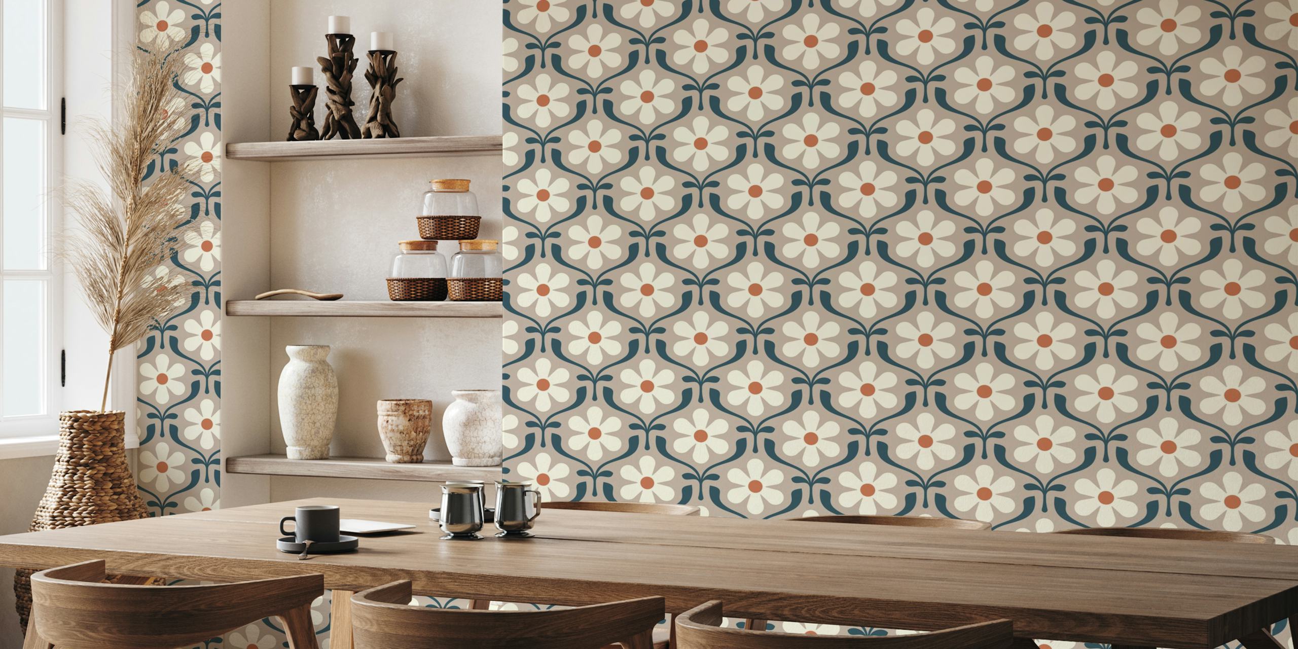 Retro Daisy Blooms in Beige wallpaper in a room