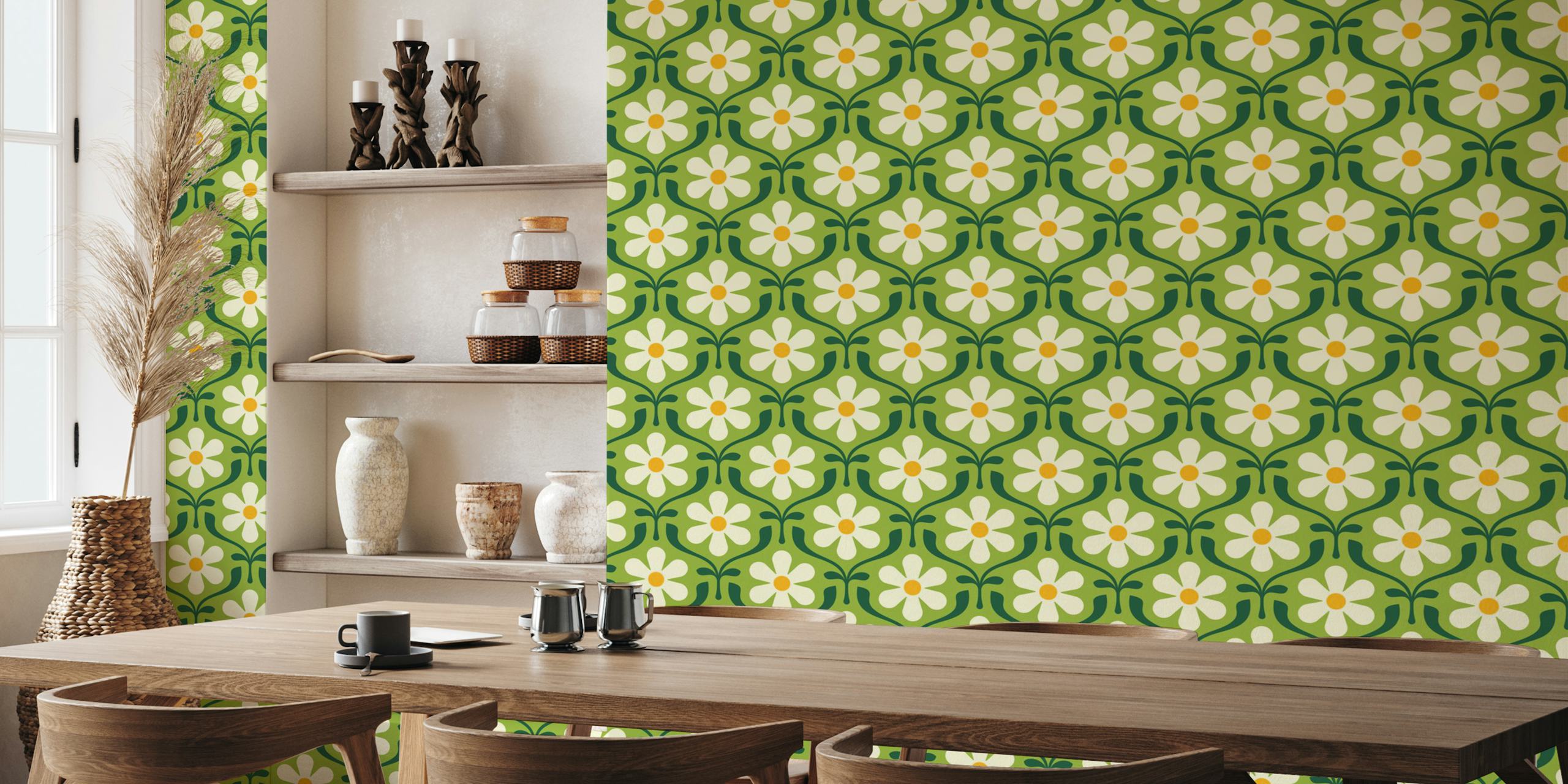 Tapeta Retro Daisy Blooms in Green u sobi