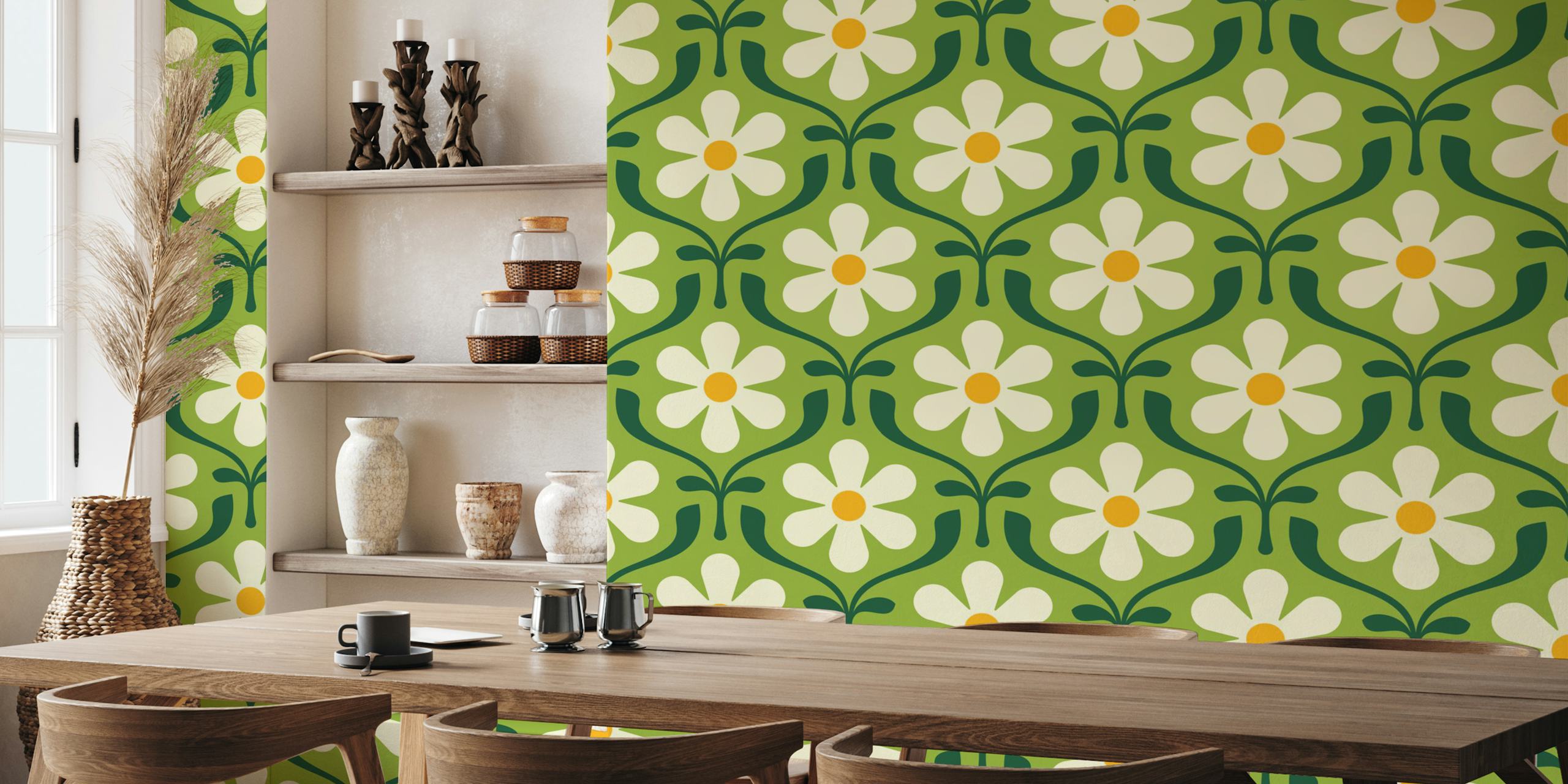 Retro Daisy Blooms in Green wzór tapety