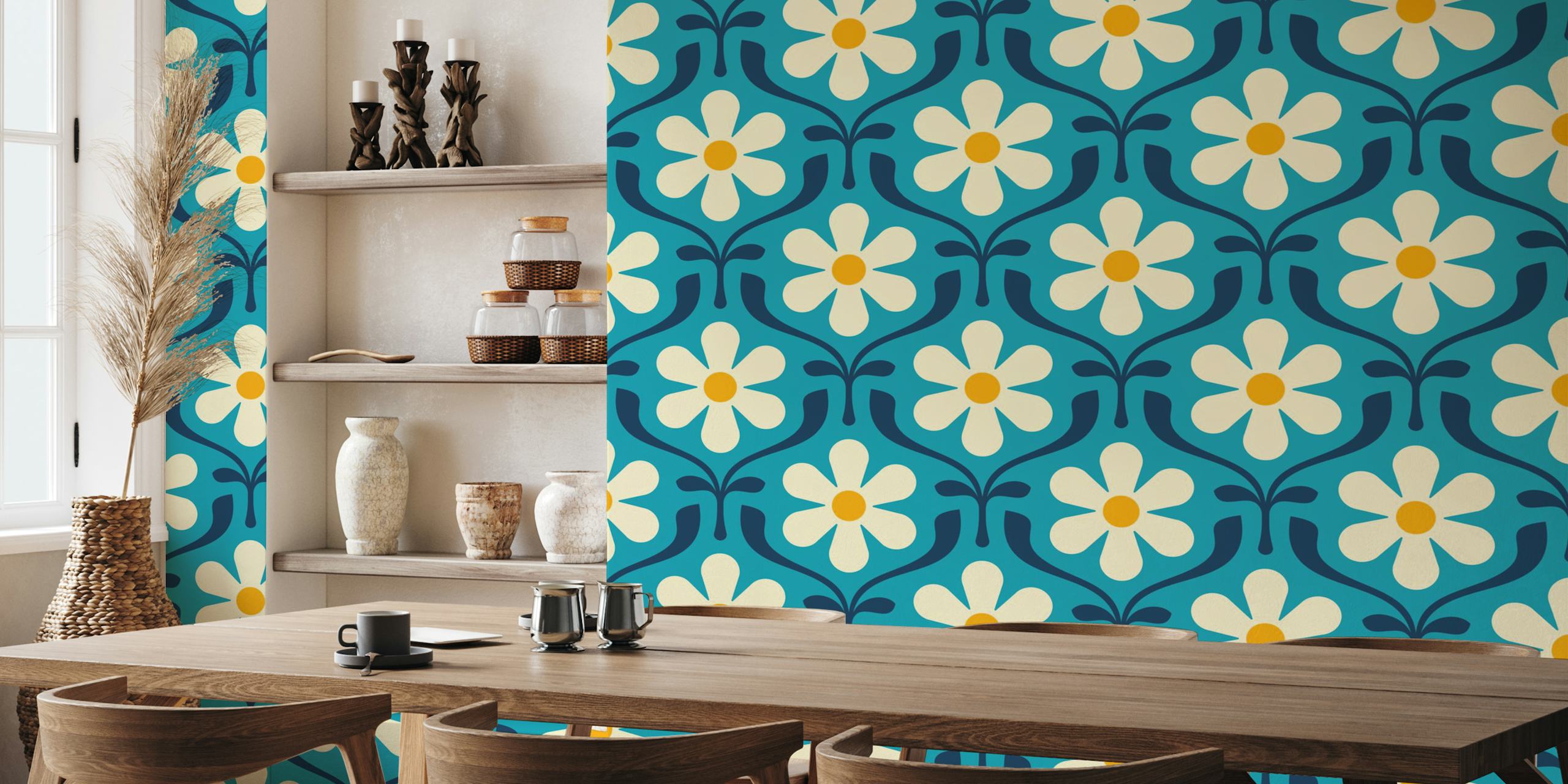 Retro floral design with blue background and cream daisies wallpaper