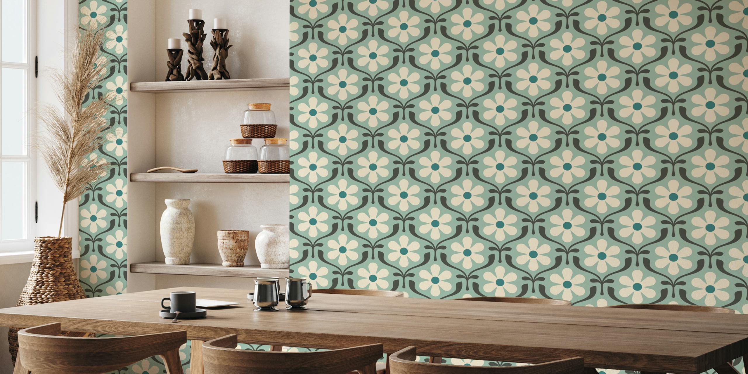 Retro Daisy Blooms in Turquoise Teal wallpaper