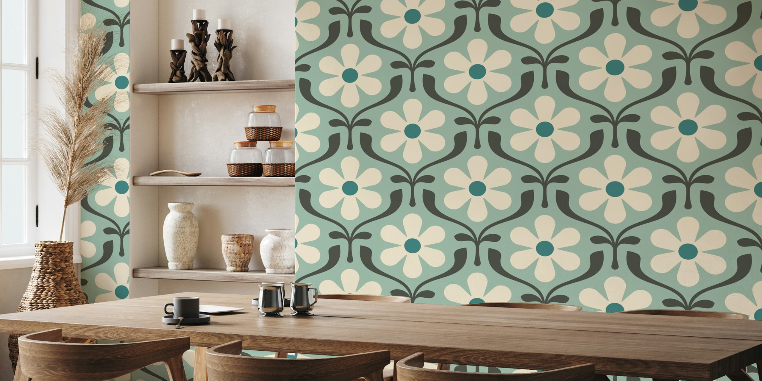 Retro floral pattern in turquoise and cream colors wallpaper