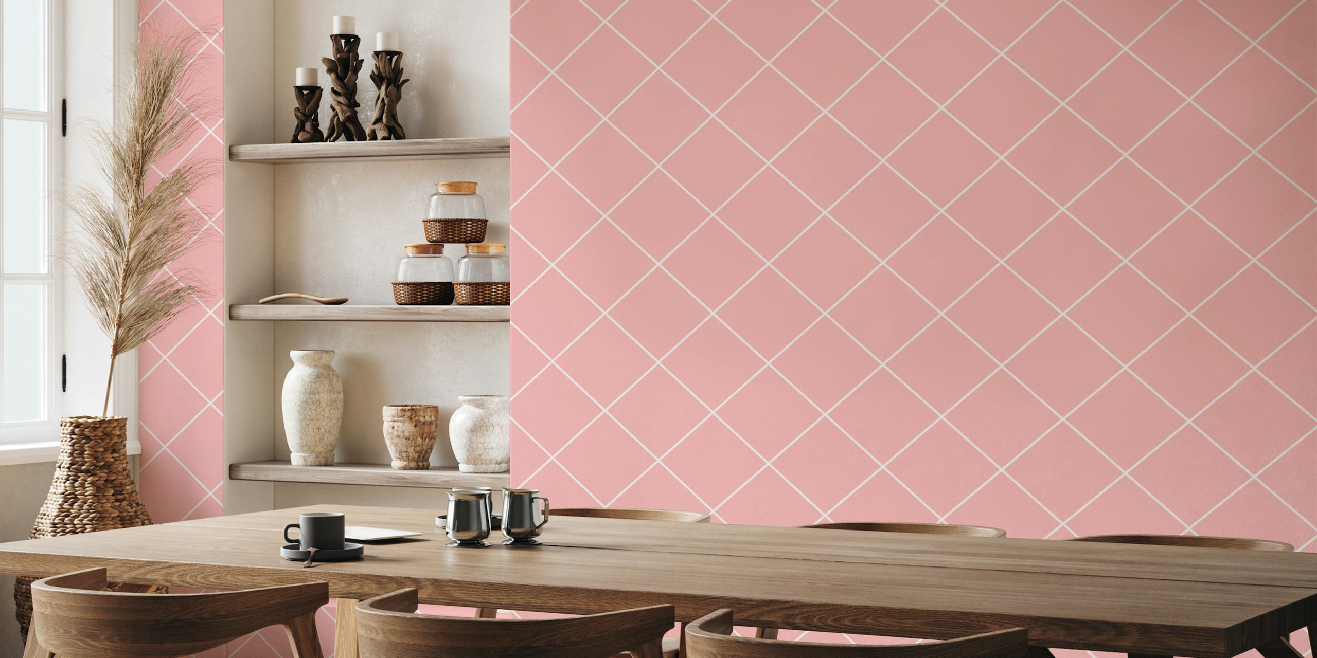 Papel pintado Faux Tile Grid Beige Coral Pink en un ambiente