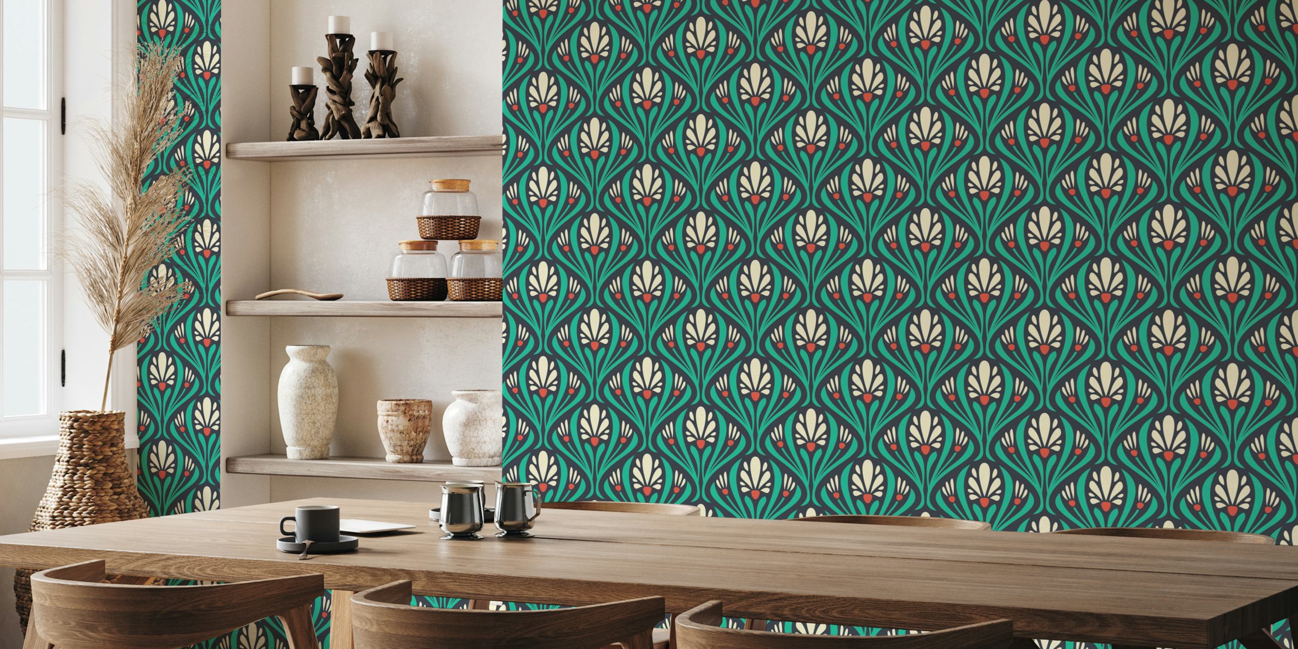 Art Nouveau Floral in Green Tapete in einem Zimmer