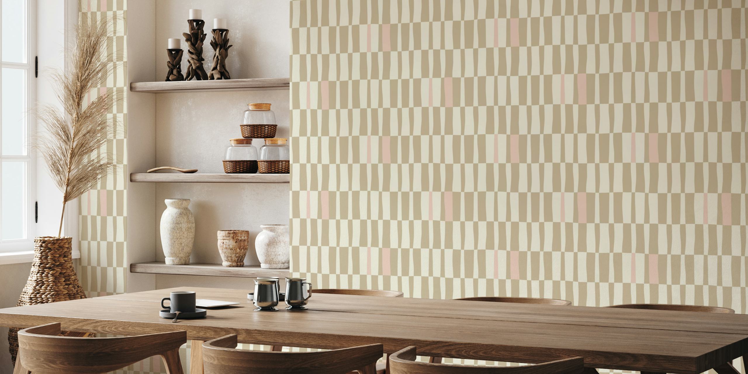 Beige and pink checkered stripes wallpaper
