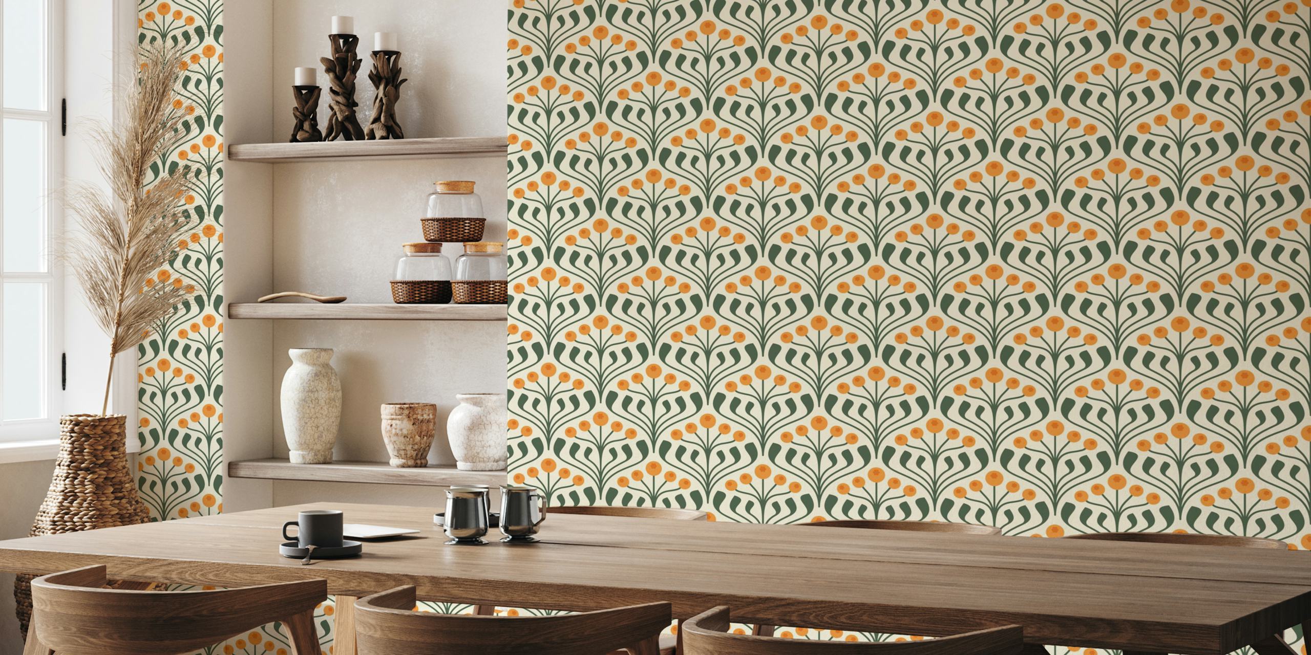 Green and orange floral motif wallpaper with abstract curves