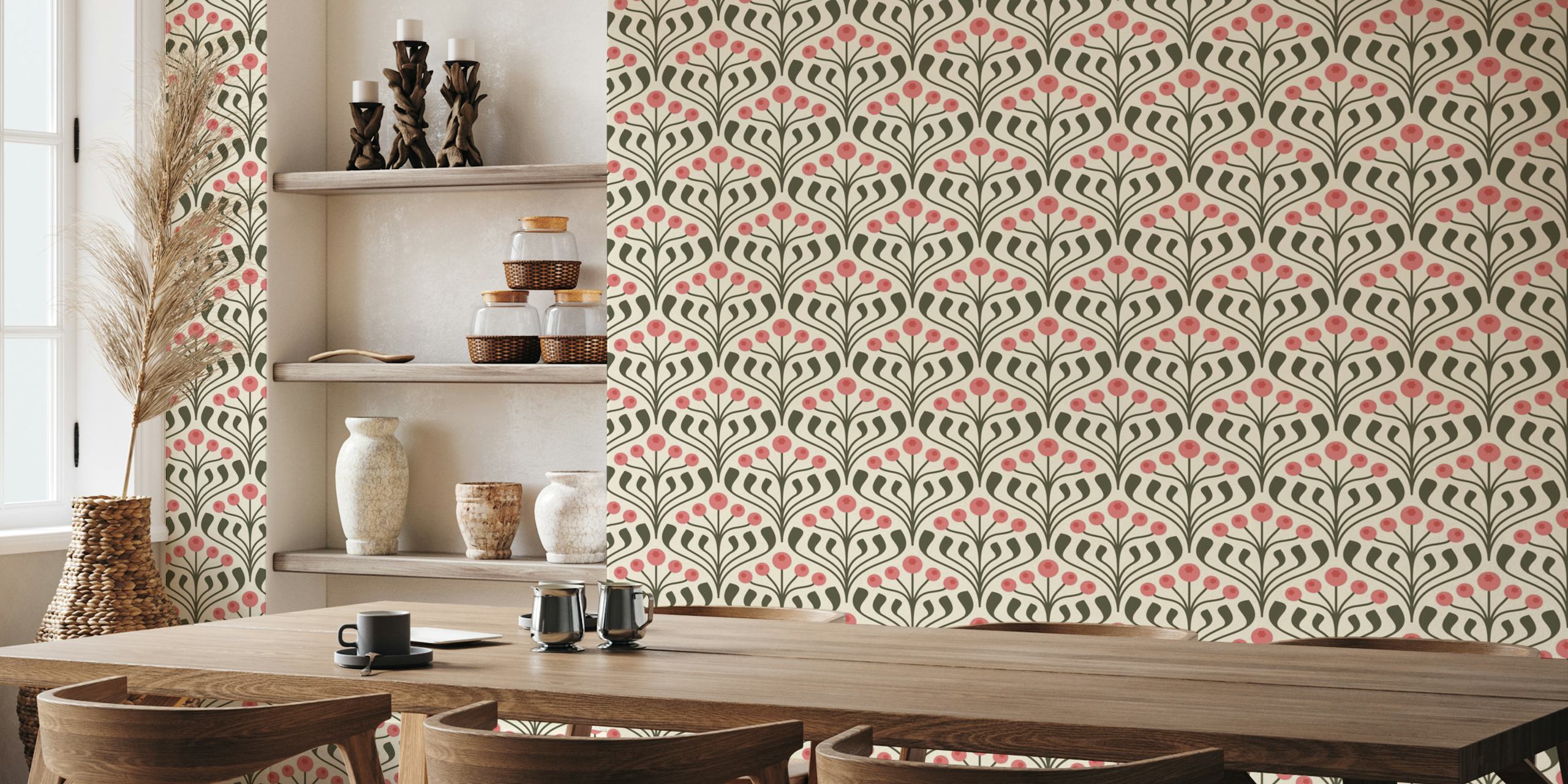 Pink and green floral motif wall mural wallpaper