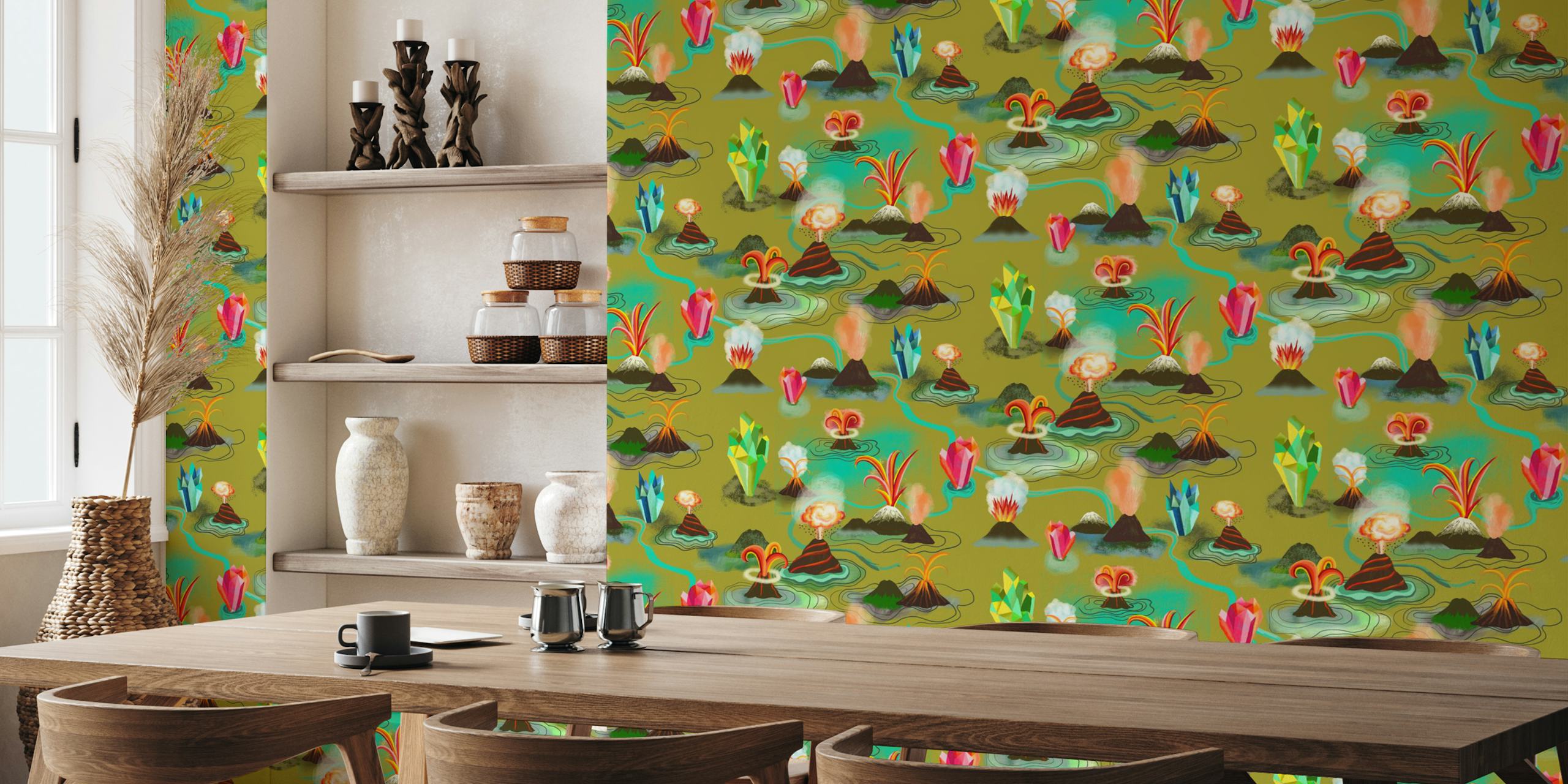 Volcanos and crystals behang in een kamer