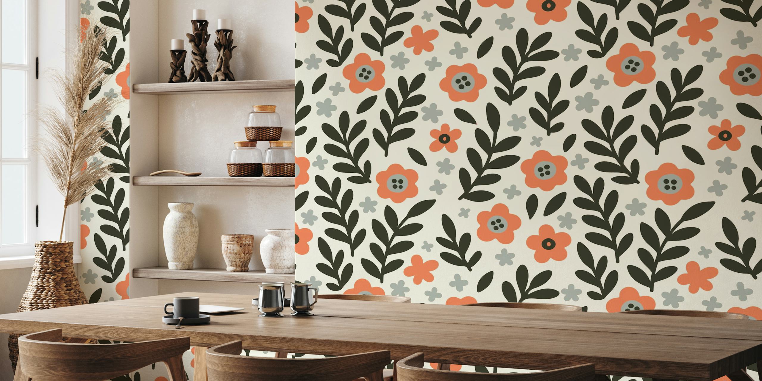 Spring collage flowers wallpaper in a room