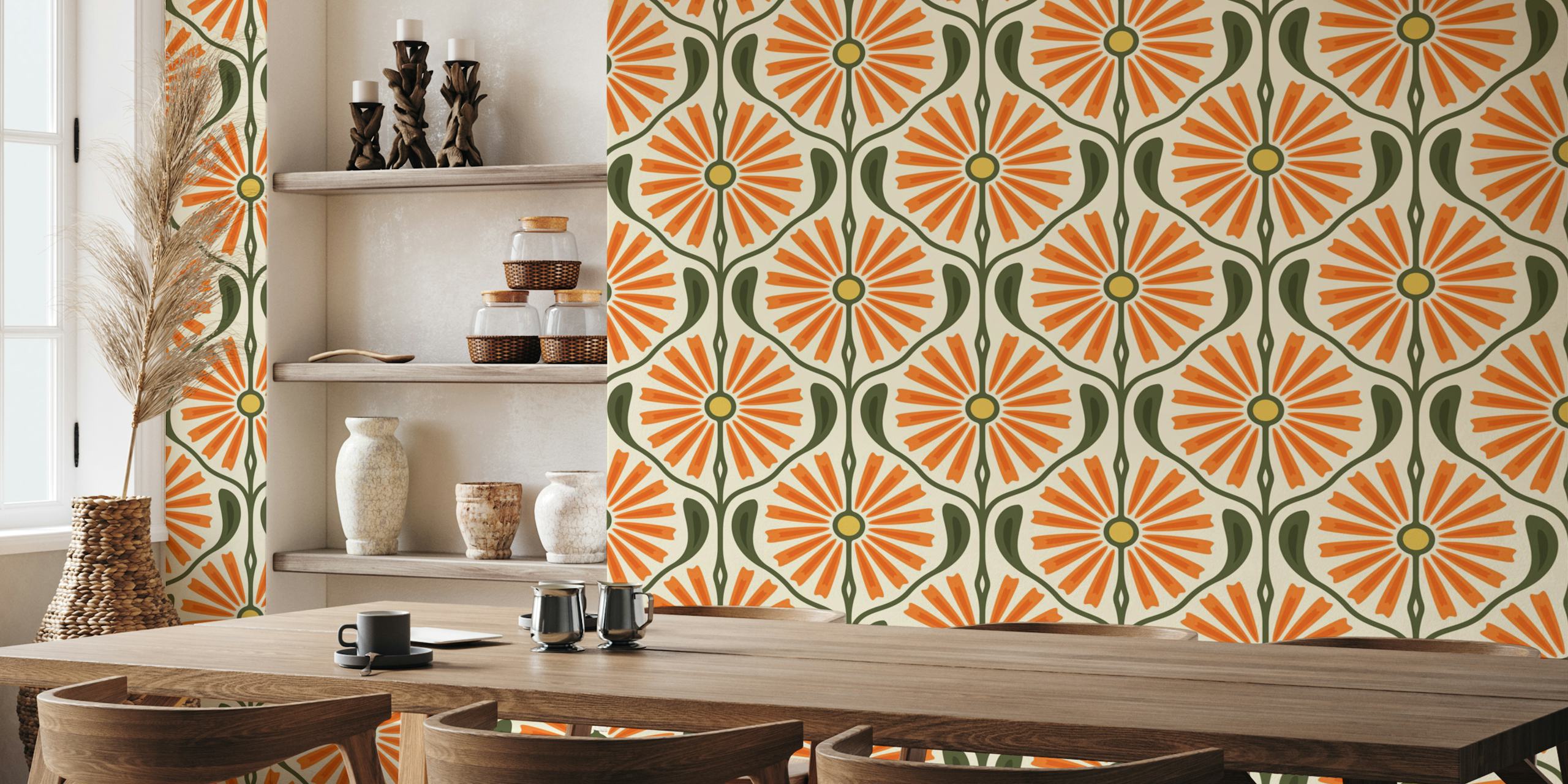 Retro sunburst orange wallpaper in a room