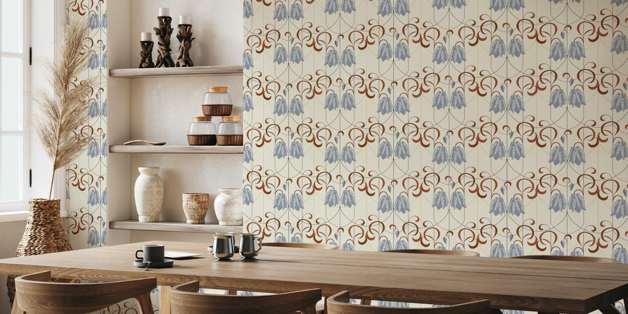 Art Deco Checkered lily pattern in earthy tones wallpaper