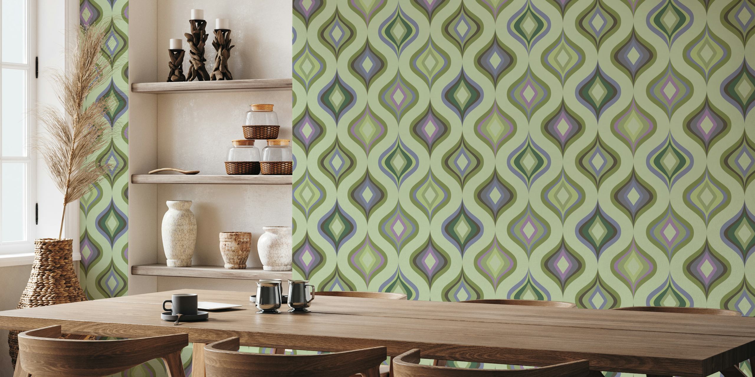 70's Retro Curvilinear Green tapet i et rum