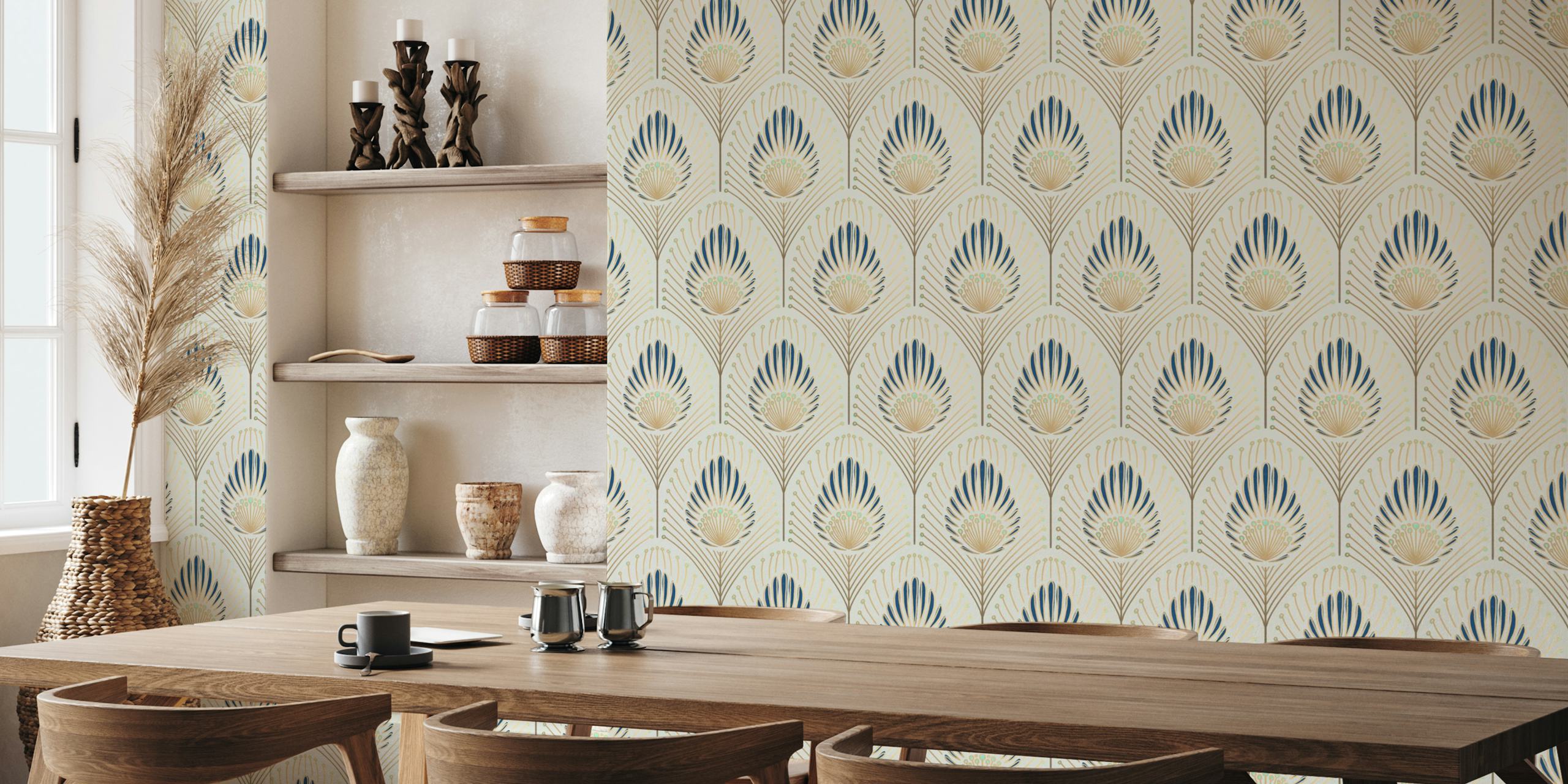 Floral pattern in gold and navy on cream background wallpaper