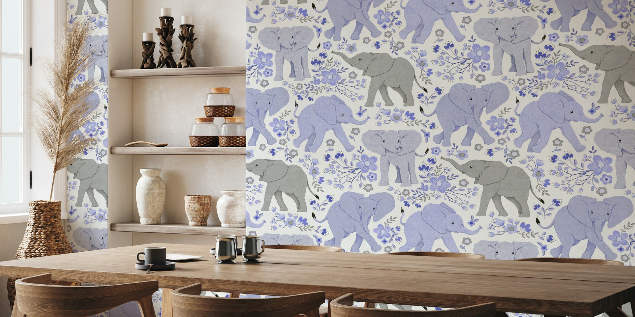 Papel de parede Elephants in Wildflowers em um quarto