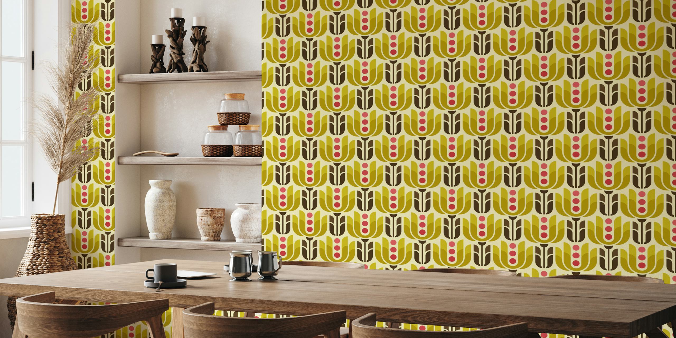 Retro geometric tulips wallpaper in a room