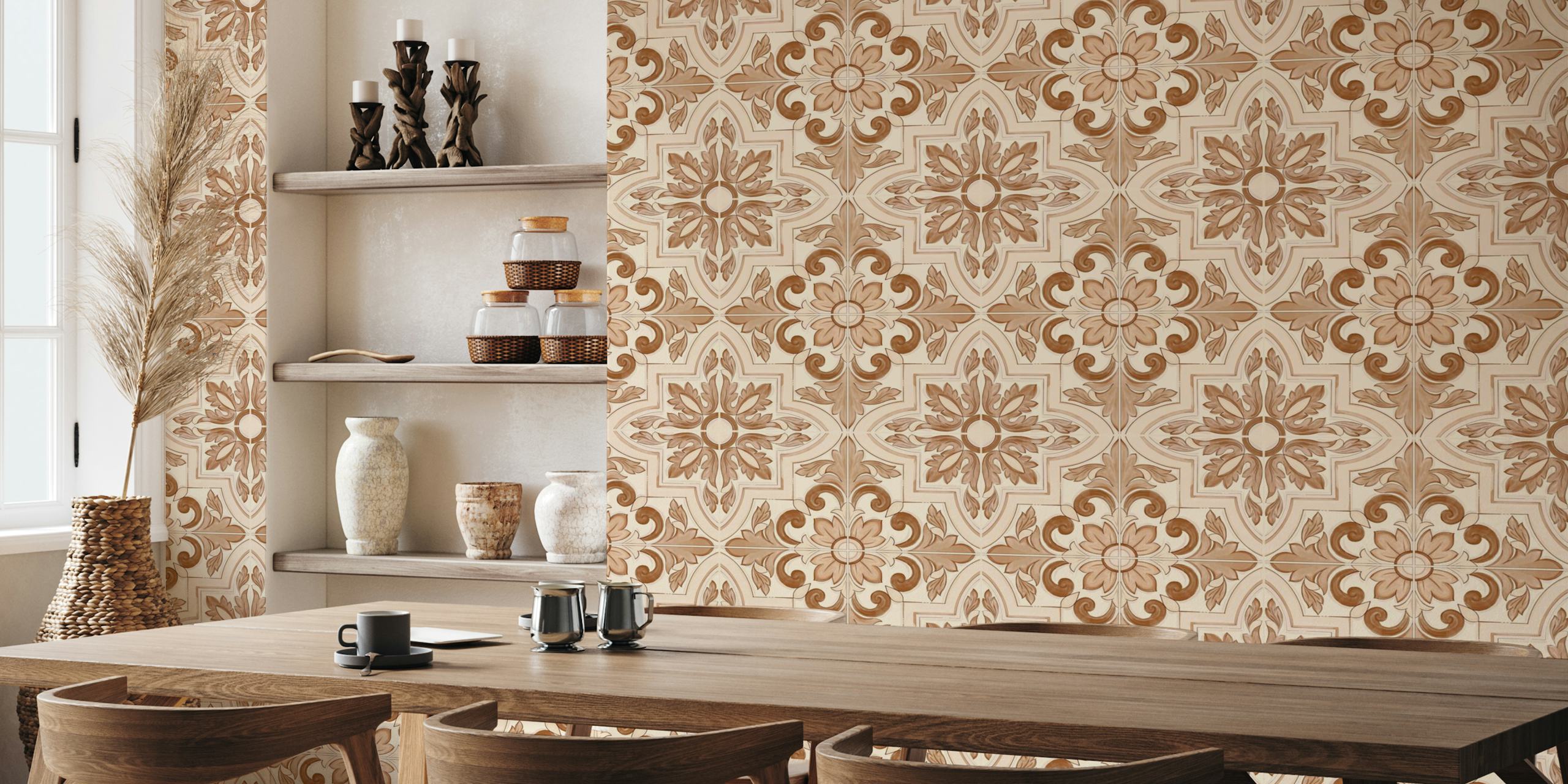 Terracotta Italian tile pattern wallpaper featuring intricate floral designs in beige and brown tones