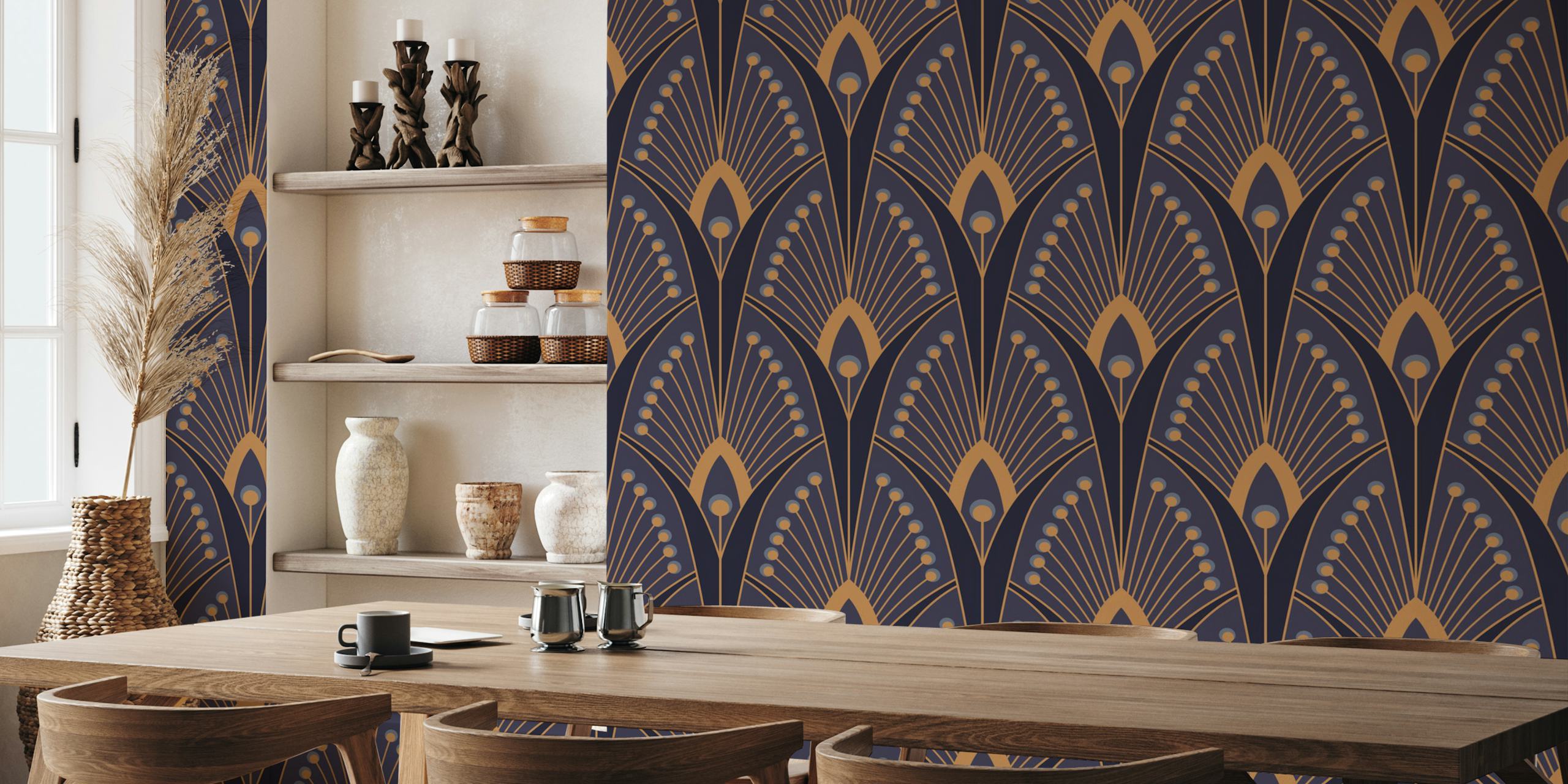 Geometric patterns in dark blue and gold tones wallpaper