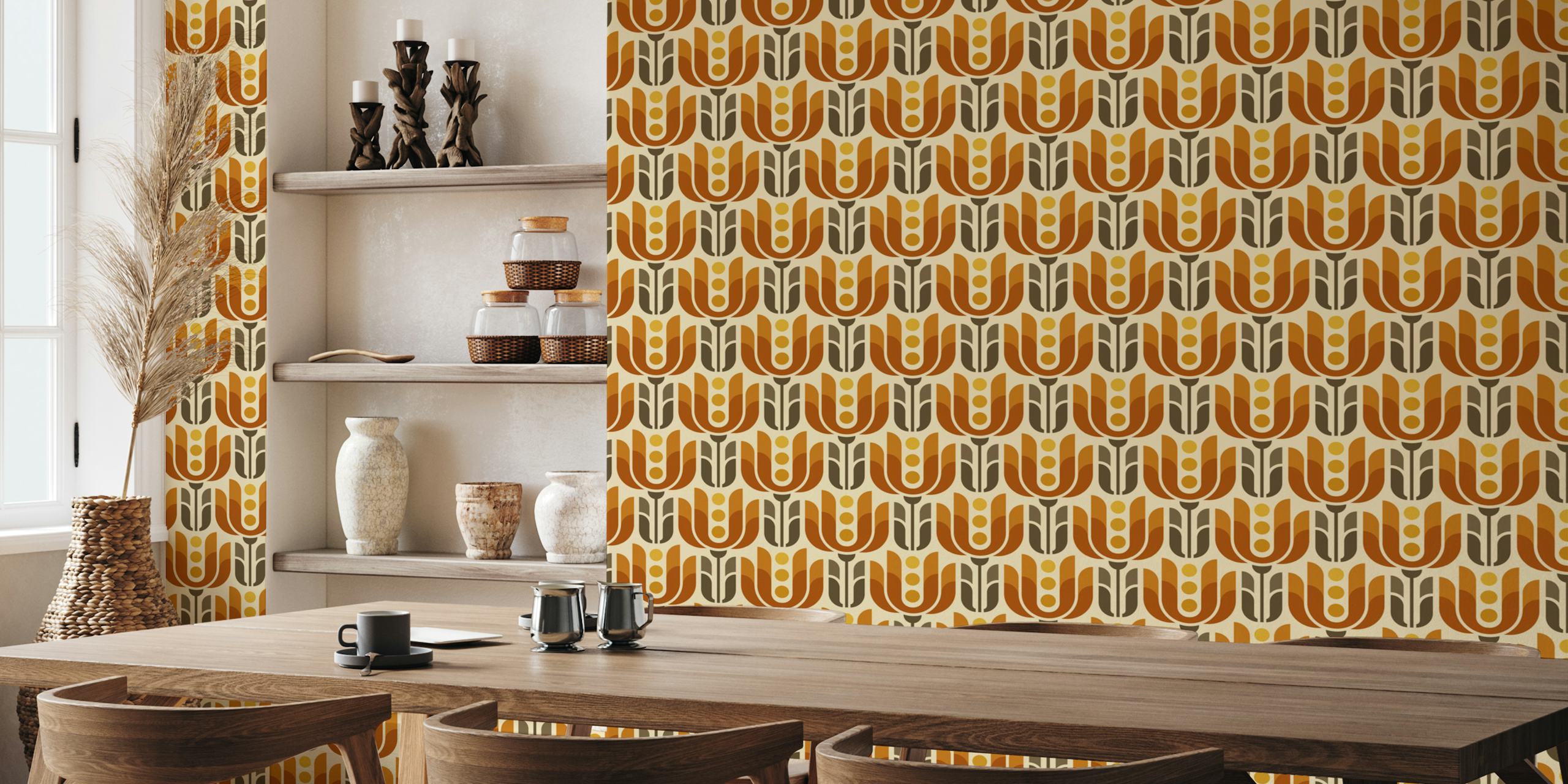 Retro geometrinen tulppaanitapetti huoneessa