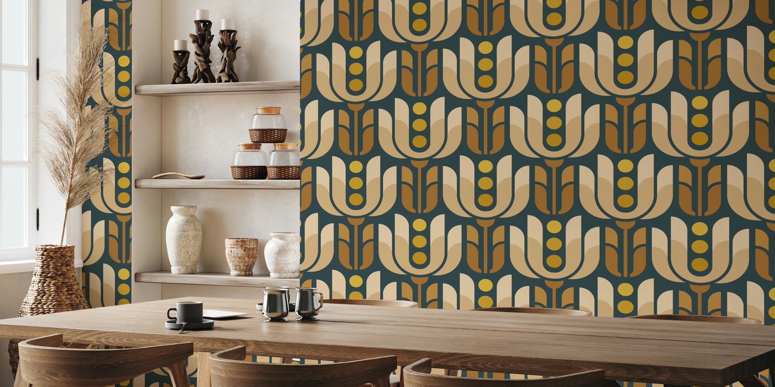 Papel tapiz retro geométrico de tulipanes en una habitación