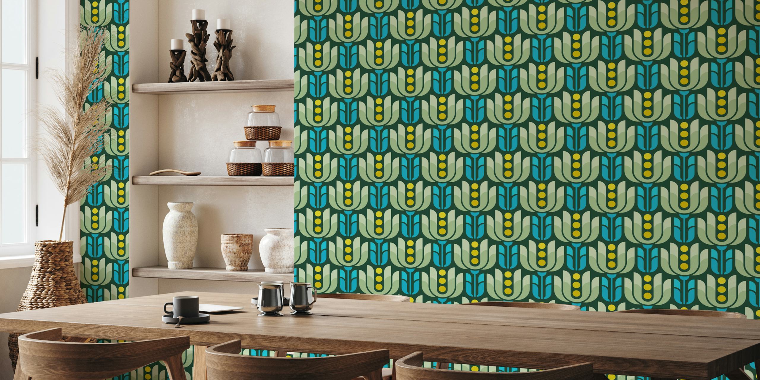 Retro geometric tulip wallpaper design in a room